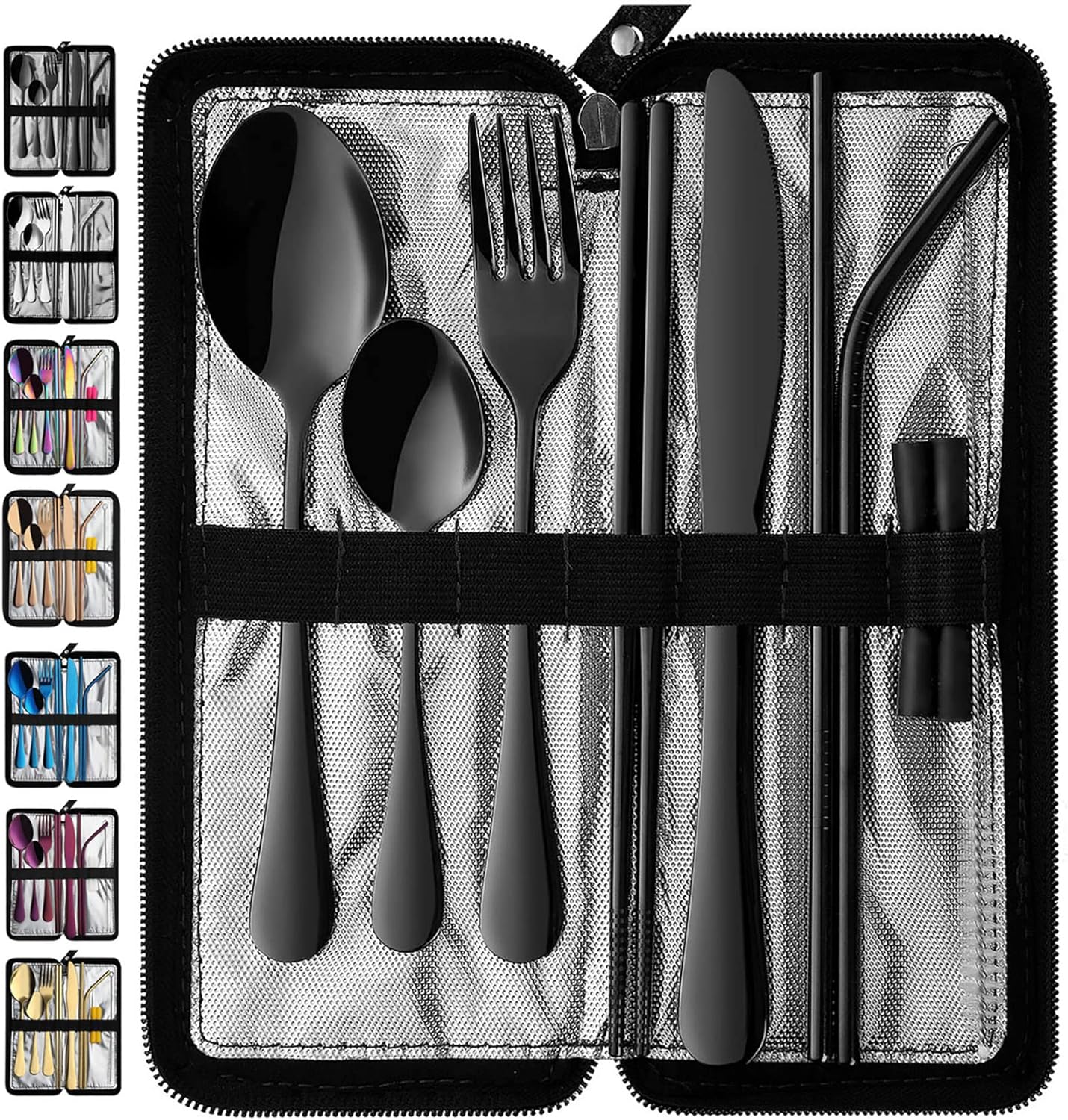 VANDBAO Portable Travel Utensils, Reusable Silverware with Case for Fixing Tableware, 9 Pieces Stainless Steel Stable Flatware Set, Camping Picnic Cutlery Set (Black Set)