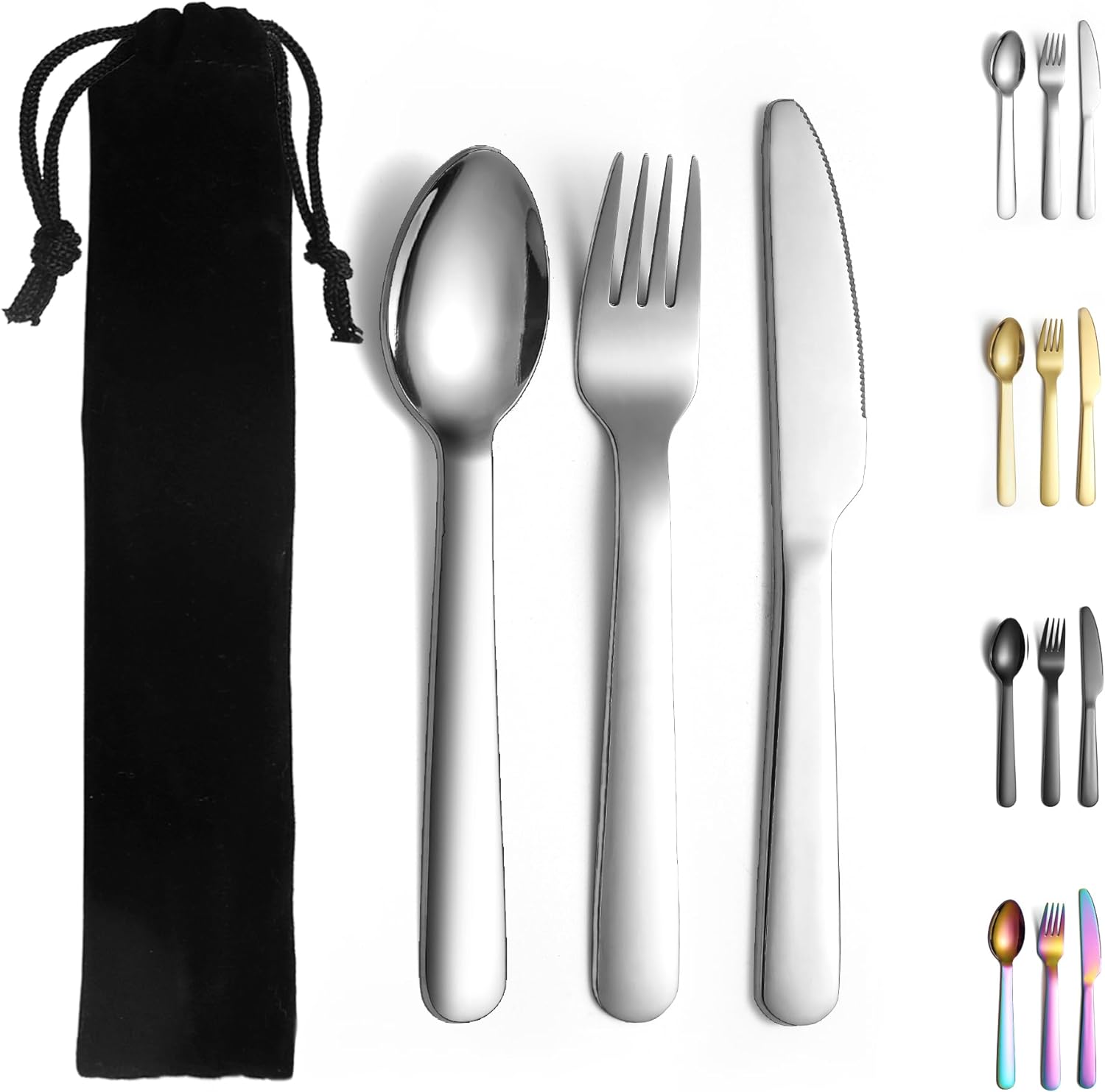 Evanda 3 Piece Portable Silverware Set, Include Knife Fork Spoon, Camping Cutlery Set With Black Bag, For Home Kitchen Camping Travel, Dishwasher Safe