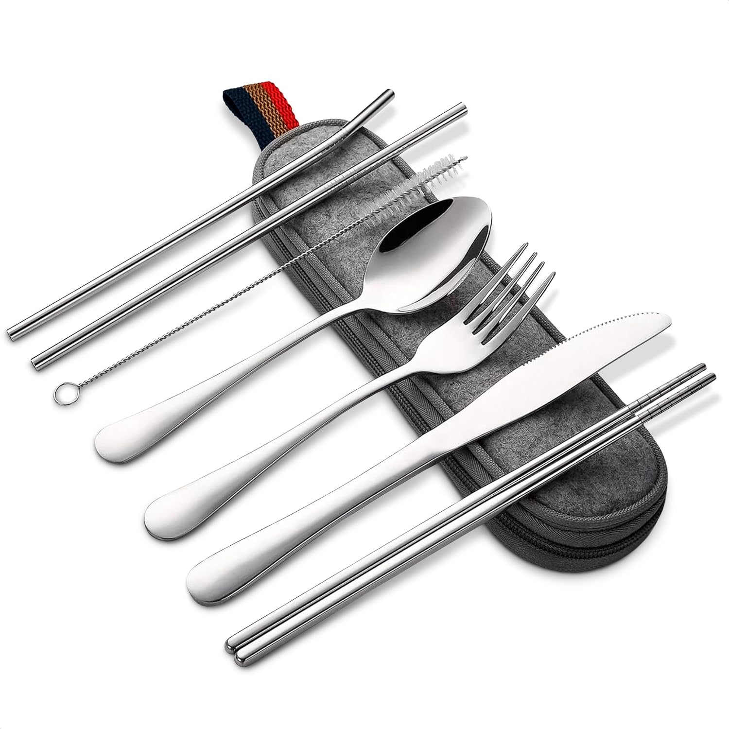 Travel Silverware Set with Case Stainless Steel Flatware Camping Utensil Set - 8Pcs Reusable Knife Metal Fork Straw Brush Portable Silverware Set with Case Travel Essentials - Fork and Spoon Set