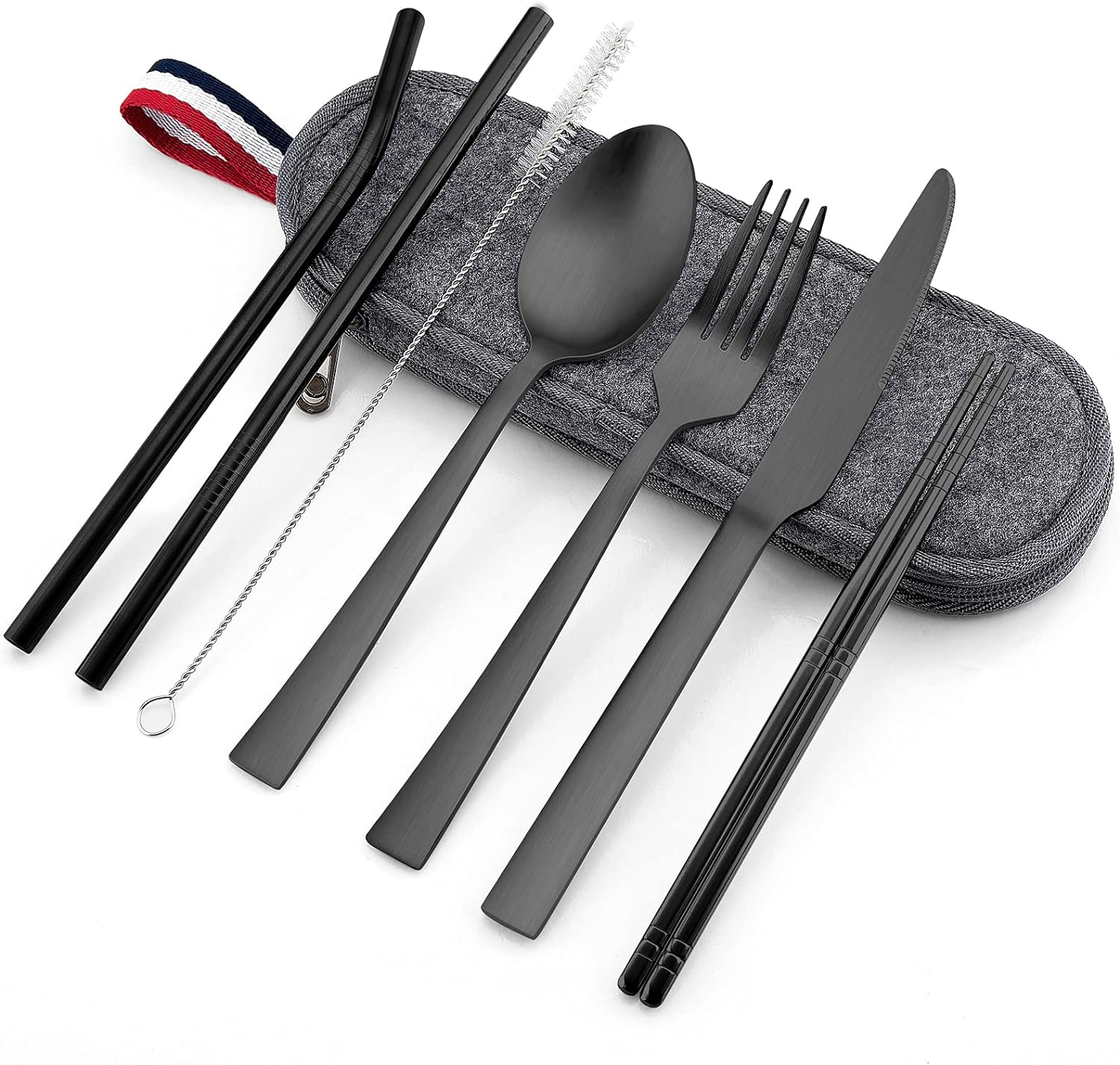 Matte Black Travel Utensils Set, E-far 8-Piece Metal Travel Silverware Portable Camping Reusable Cutlery Flatware Set Includes Knife, Fork, Spoon, Chopsticks, Straws - Charcoal Gray Case