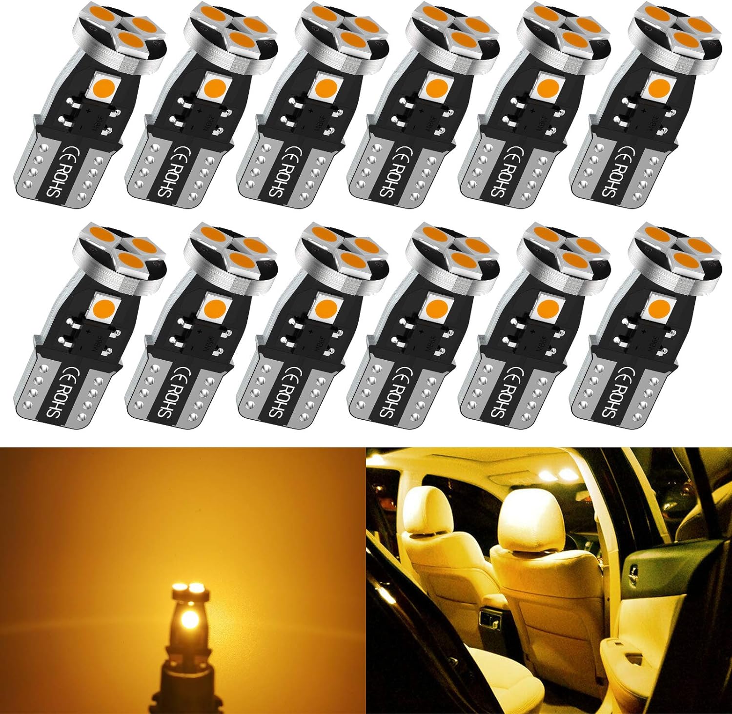 GIVEUBED T10 194 LED Car Bulbs,192 LED Car Bulbs,168 LED Lights Bulb, 5smd Amber Yellow Led for Car Interior Dome Map Door Courtesy License Plate Lights W5W 2825 Led Lights bulbs, 12pcs