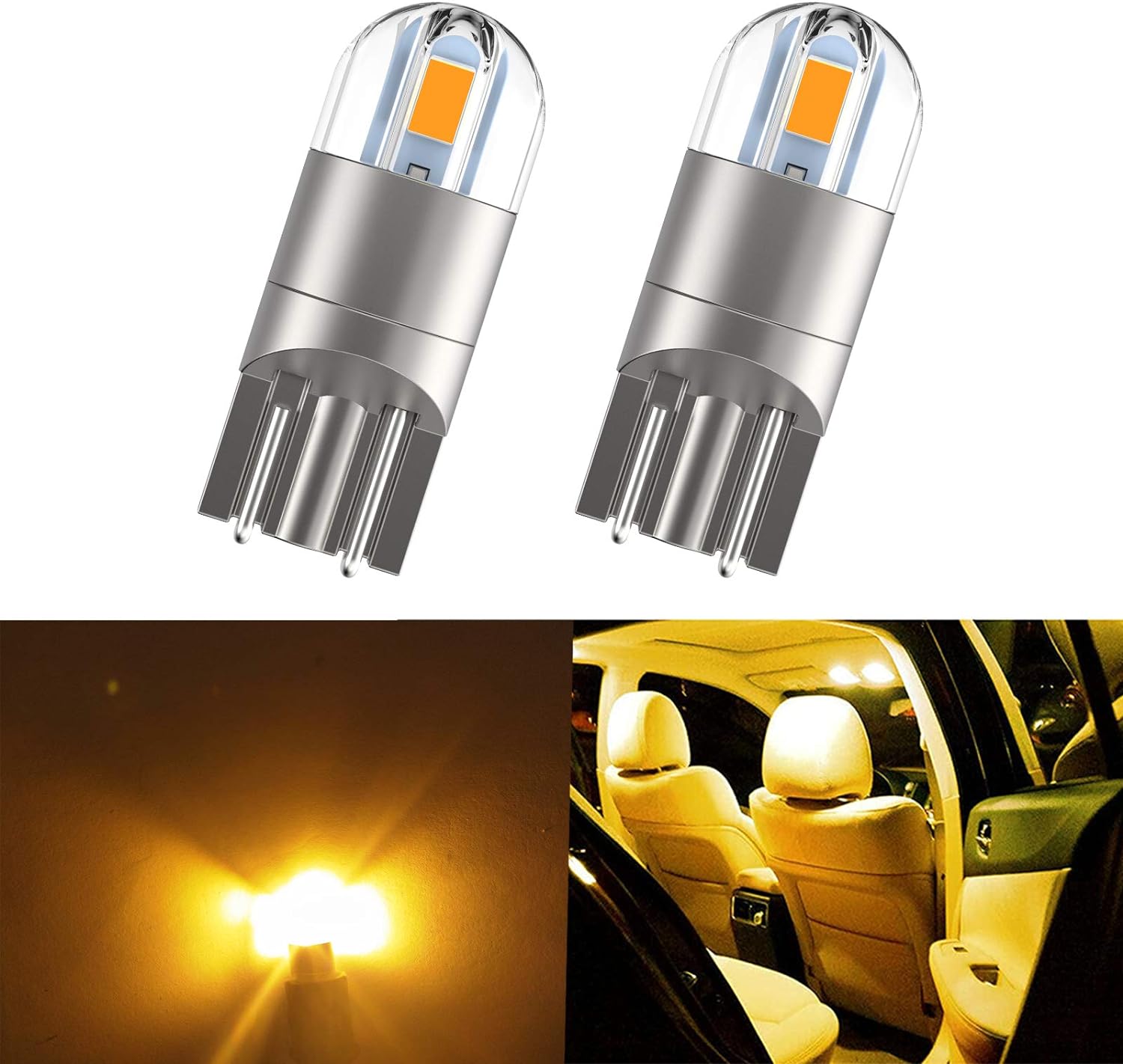 194 LED Interior Bulbs T10 LED Car Bulbs, 168 Bulb,Bright Upgrade 3030 Chips 175 2825 W5W LED Car Bulbs for Car Interior Dome Map Door Courtesy License Plate Lights, Pack of 2 Pcs Amber Yellow