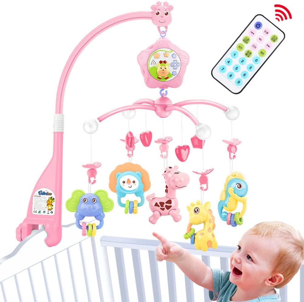 caterbee Baby Crib Mobile for Pack and Play, Crib Toys with Light and Music, Remote,Projector for Ages 0  Months (Pink-Forest)