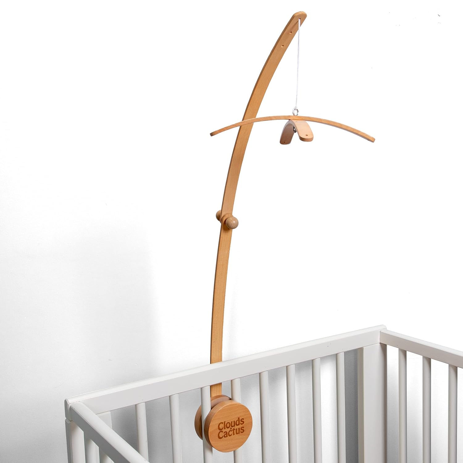 Clouds and Cactus Crib Mobile Arm 33 Inches for Baby Nursery - 100% Natural Beech Wood with Extra Matching Wooden Holder Attachment and Anti Slip Clamping System (Curved)