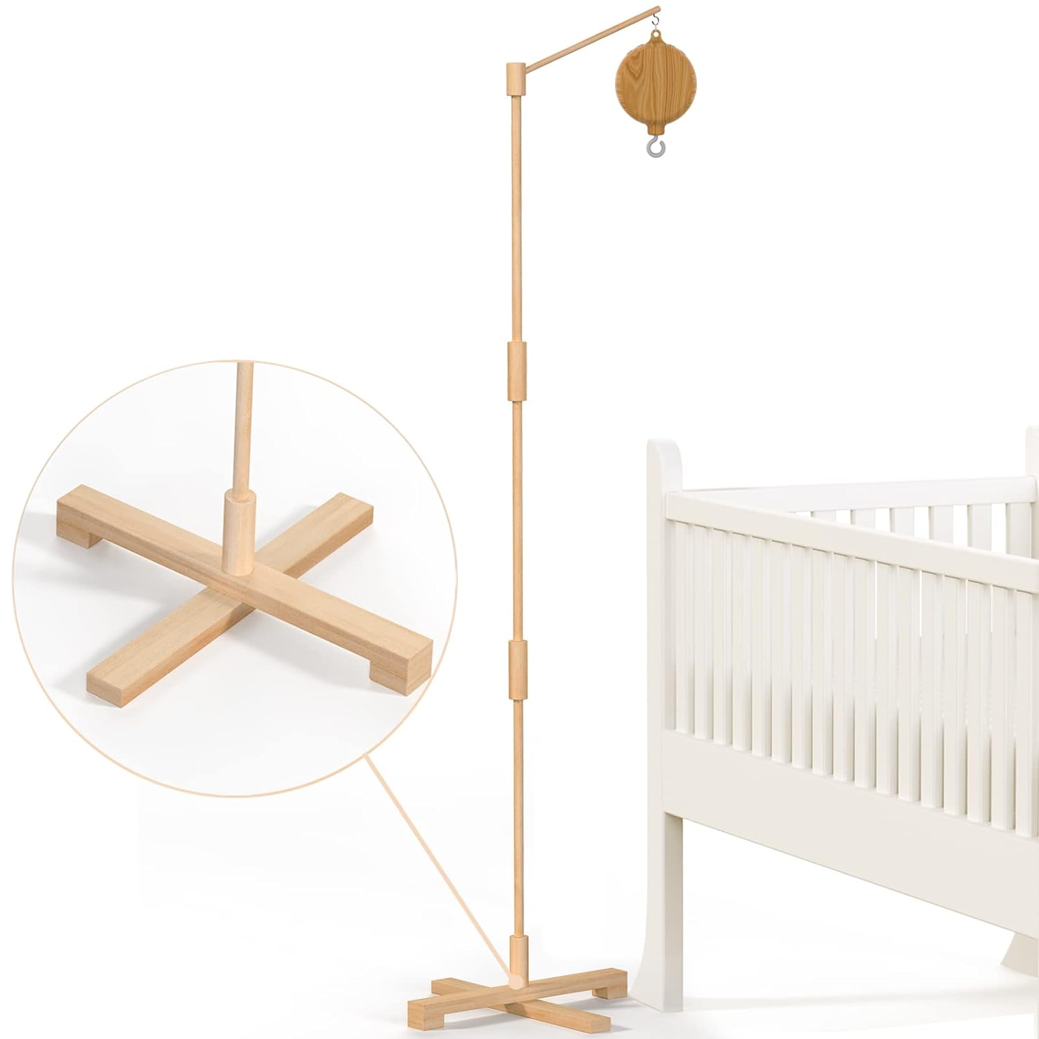 FEISIKE Baby Crib Mobile Arm with Music Box Spin Motor, 57.4 Inch Mobile Arm for Crib Wooden Nursery Decor Hanger Holder for DIY Mobile Baby Girl Boy Hanging Attachment Set Upgrade Floor Stand