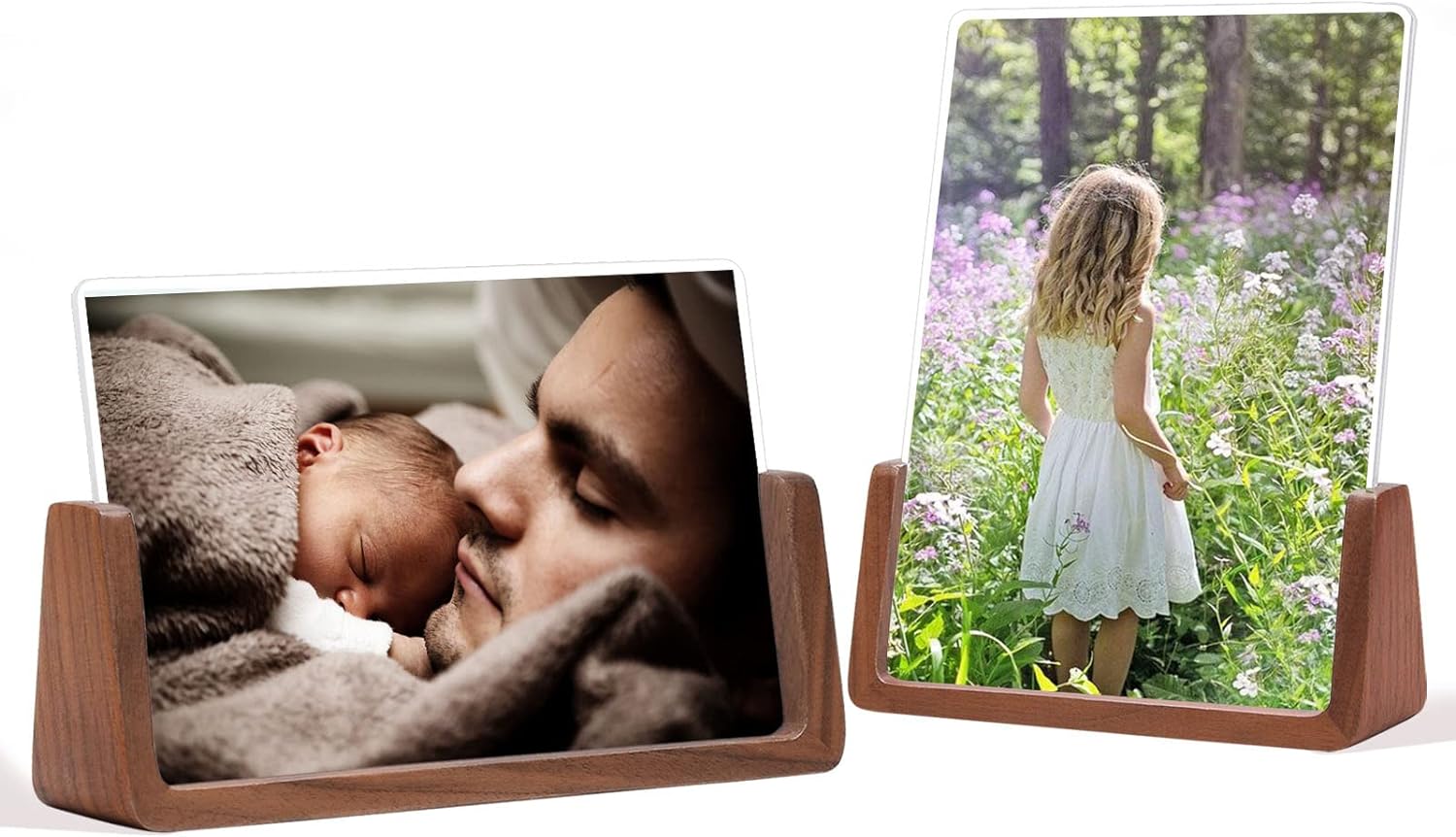 WEIMELTOY 5X7 Walnut Wooden Picture Frame,Brown Photo Frame with Double Side Acrylic Glass Cover, 2pcs Horizontal Vertical Photos for Table Top Desktop Display, Valentine' Day Gift