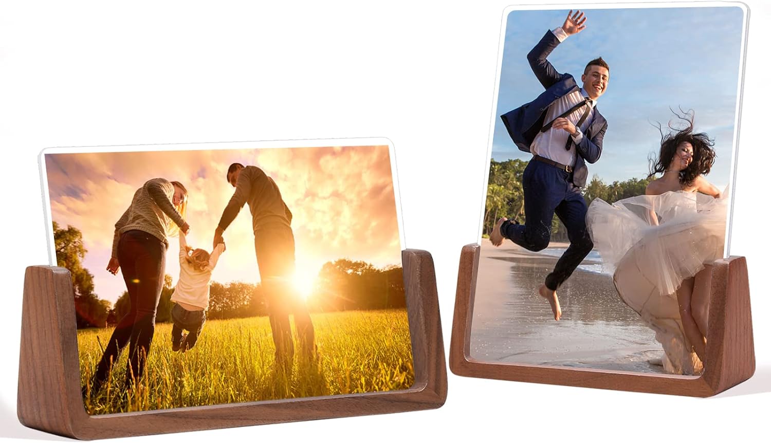 WEIMELTOY 6X8 Walnut Wooden Picture Frame,Brown Photo Frame with Double Side Acrylic Glass Cover, 2pcs Horizontal Vertical Photo Frame for Table Desktop Display, Valentine' Day Gift