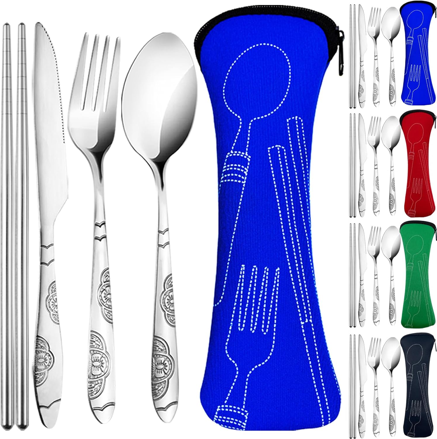 20PCS Premium Travel Utensils With Case, Stainless Steel Reusable Portable Utensils Set With Case, Lengnoyp Travel Silverware Set With Case for Lunch Box Camping, Silver