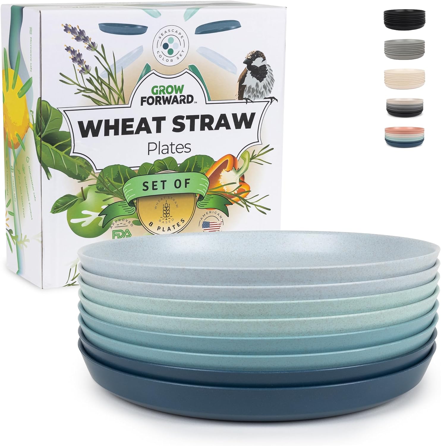 Grow Forward Premium Wheat Straw Plates - 10 Inch Hard Plastic Plates Reusable - Unbreakable Microwave Safe Deep Dinner Plates Set of 8 - Outdoor Plates for Patio, Camping, Picnic, Kids - Seascape