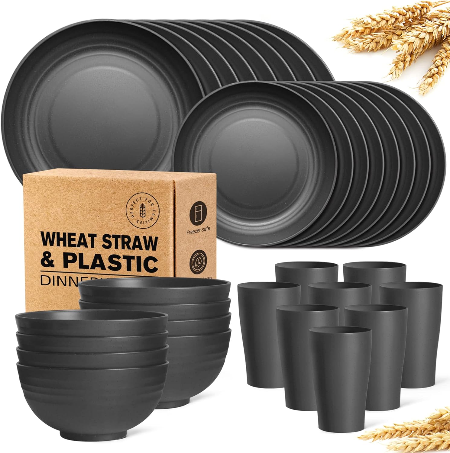 Teivio 32-Piece Kitchen Plastic Wheat Straw Dinnerware Set, Service for 8, Dinner Plates, Dessert Plate, Cereal Bowls, Cups, Unbreakable Plastic Outdoor Camping Dishes, Black