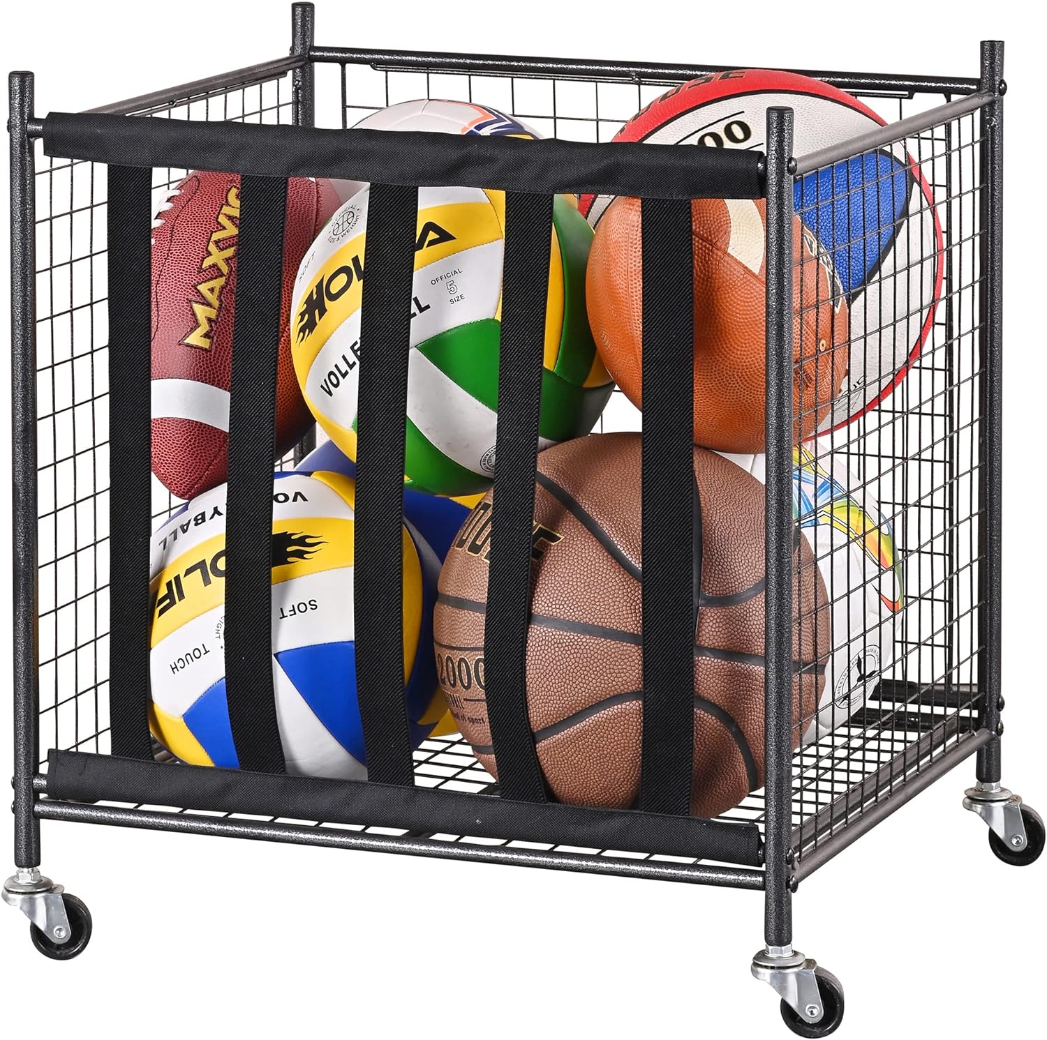 Mythinglogic Rolling Sports Ball Storage Cart, Sports Lockable Ball Storage Locker with Elastic Straps, Stackable Ball Cage for Garage Storage Garage Organizer