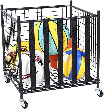 Snail Garage Sports Equipment Storage Organizer Sports Ball Storage Rolling Cart with Basket and Hooks Lockable Sports Ball Cage Storage Rack for Garages, Playgroup, Gym and Schools, Black