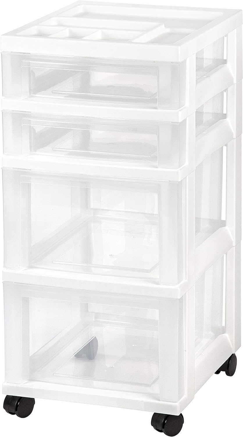 IRIS USA Craft Plastic Organizers and Storage, Rolling Storage Cart for Classroom Supplies, Storage Organizer for Art Supplies, Drawer Top Organizer for Small Parts, 4 Drawers, White