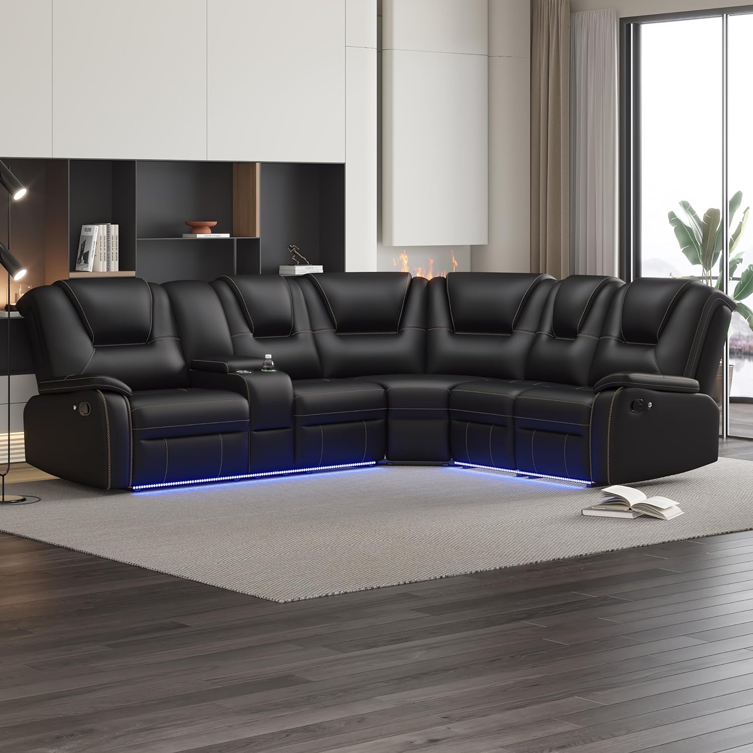 Manual Reclining Sectional Sofa Set with LED Strips, Premium Faux Leather Recliner Corner Sectional Couch with Console & Cup Holders for Living Room