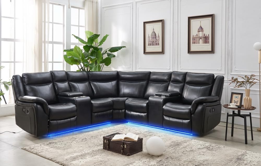 ERYE L-Shaped Manual Motion Corner Sectional, PU Leather Upholstered Recliner Sofa & Couch W/Storage Console,Cupholders,USB Charge Ports, 3-pin Plug and LED Stripes for Living Room, Black