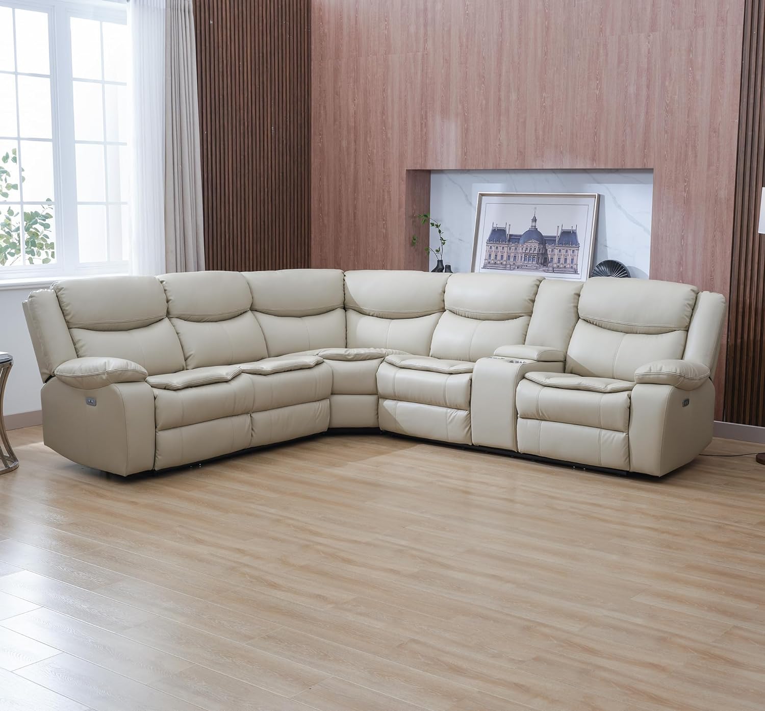 Familymill L-Shaped Leather Power Reclining Corner Sectional Sofa Sets for Living Room and Bedroom, Cream