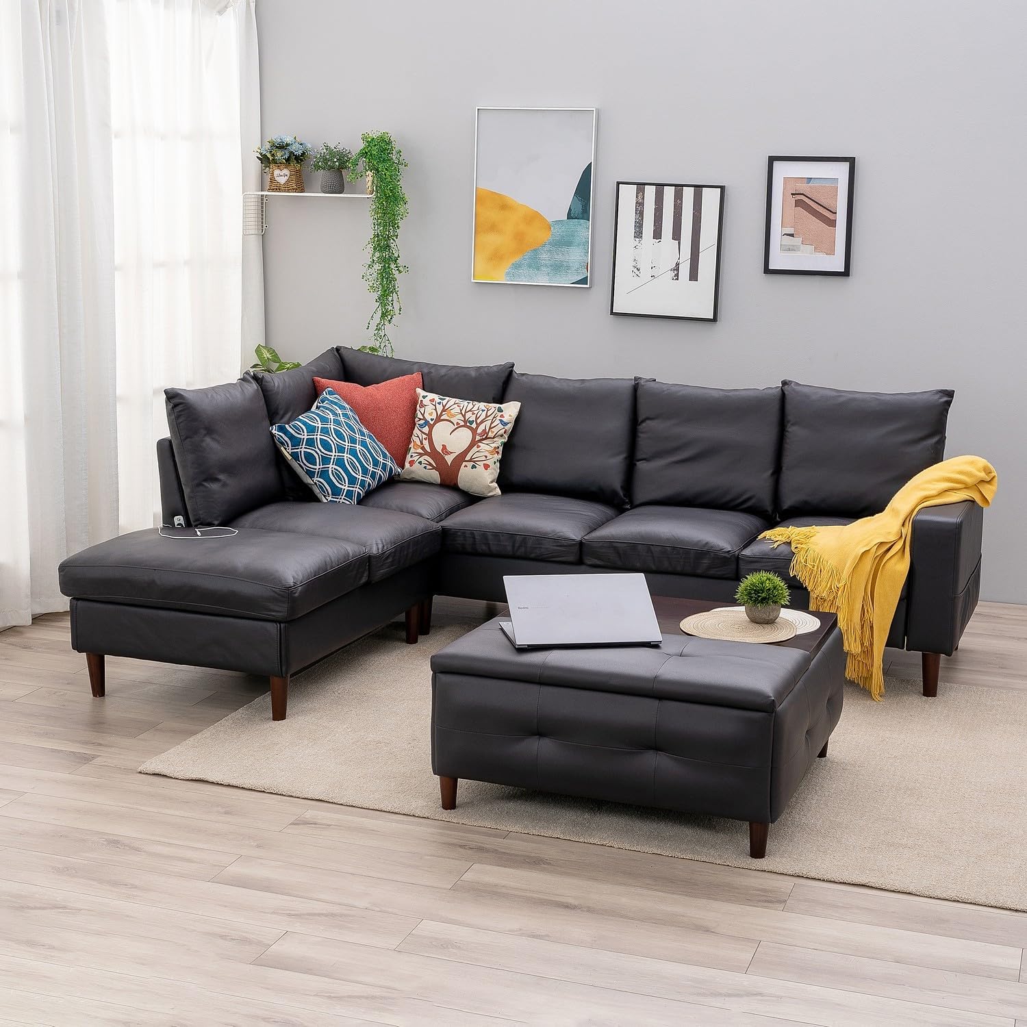 Panana Sectional Sofa Modern Large L Shape Corner Chaise Sofa Sectional Sofa Couch for Apartment Sectional Set with USB Port (Black Artificial Leather, 6 Seats Corner Sofa with Built in USB Chaise)