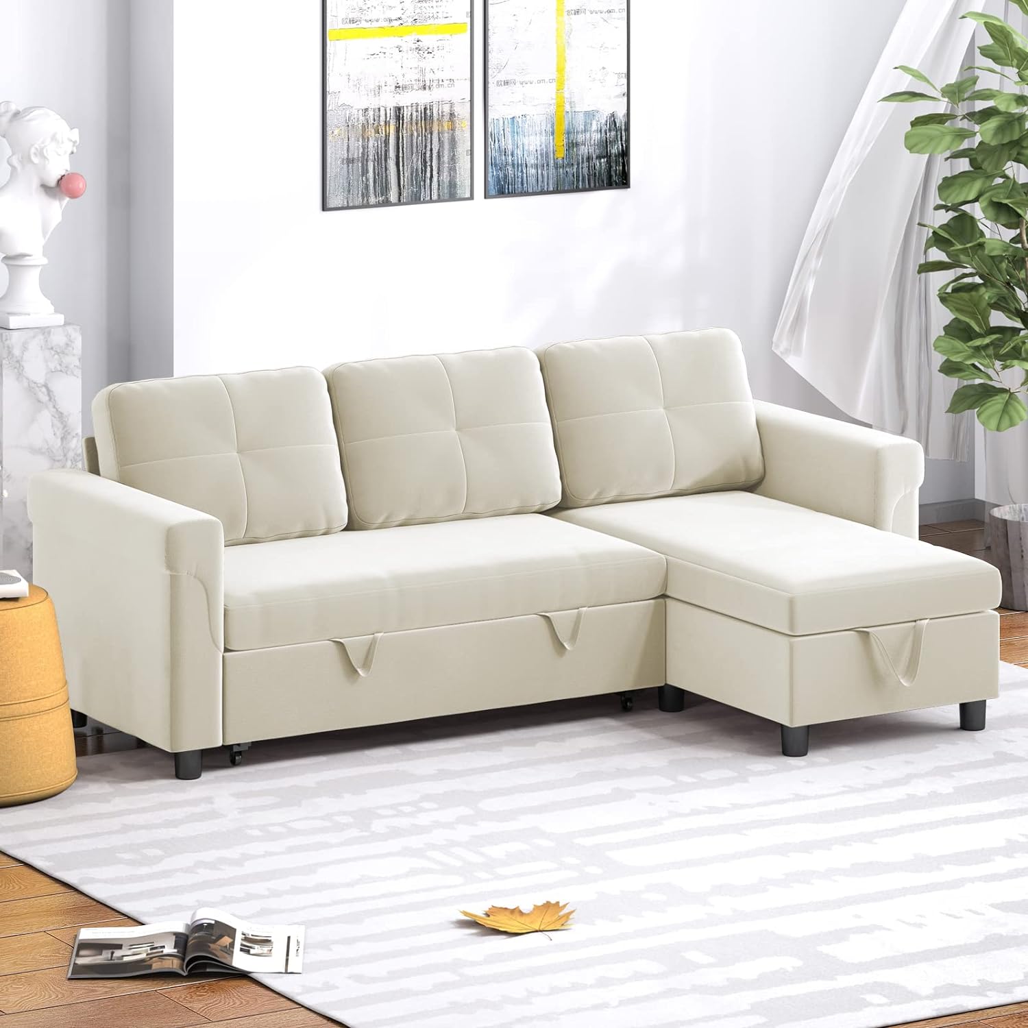 BALUS L-Shape Reversible Dutch Velvet Sleeper Sectional Sofa with Storage Chaise, Pull Out Sofa Bed, Corner Couch with Arms for Living Room, Home Furniture, Apartment, Dorm (Beige)