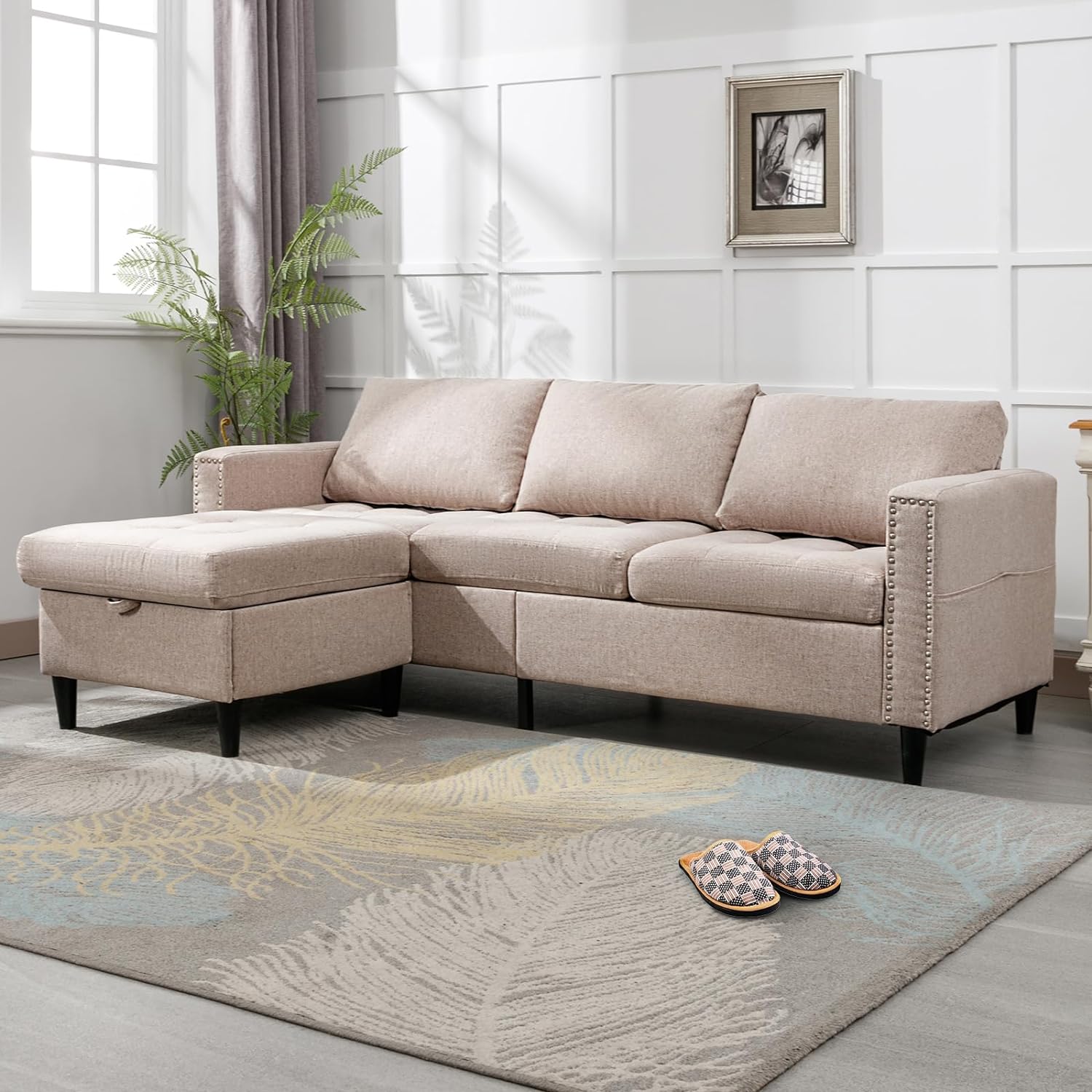 BALUS 77 Reversible Sectional Couch Set L Shaped Modular Linen Sofa with Reversible Storage Ottoman Chaise Modern Sofa Couches for Living Room Apartment Office - Beige