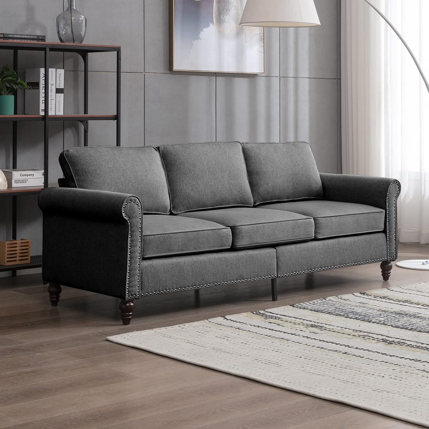 BALUS Sectional Sofa Living Room Couches for 3, Modern 3-Seat Couch Linen Upholstered Sofas with High-Density Foam/Solid Wood Frame/Easy Assembly - Dark Grey