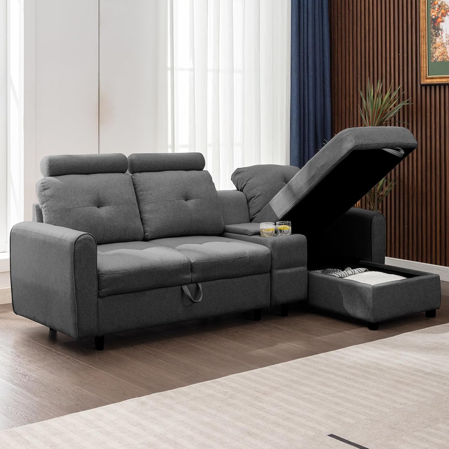 BALUS 88 W Reversible Living Room Sofa, Convertible L-Shaped Sectional Sofa with Upholstery, L-Shaped Sleeper Sofa with Storage, Modern Sectional Sofa, Belfin Sectional Sofa (Dark Grey)