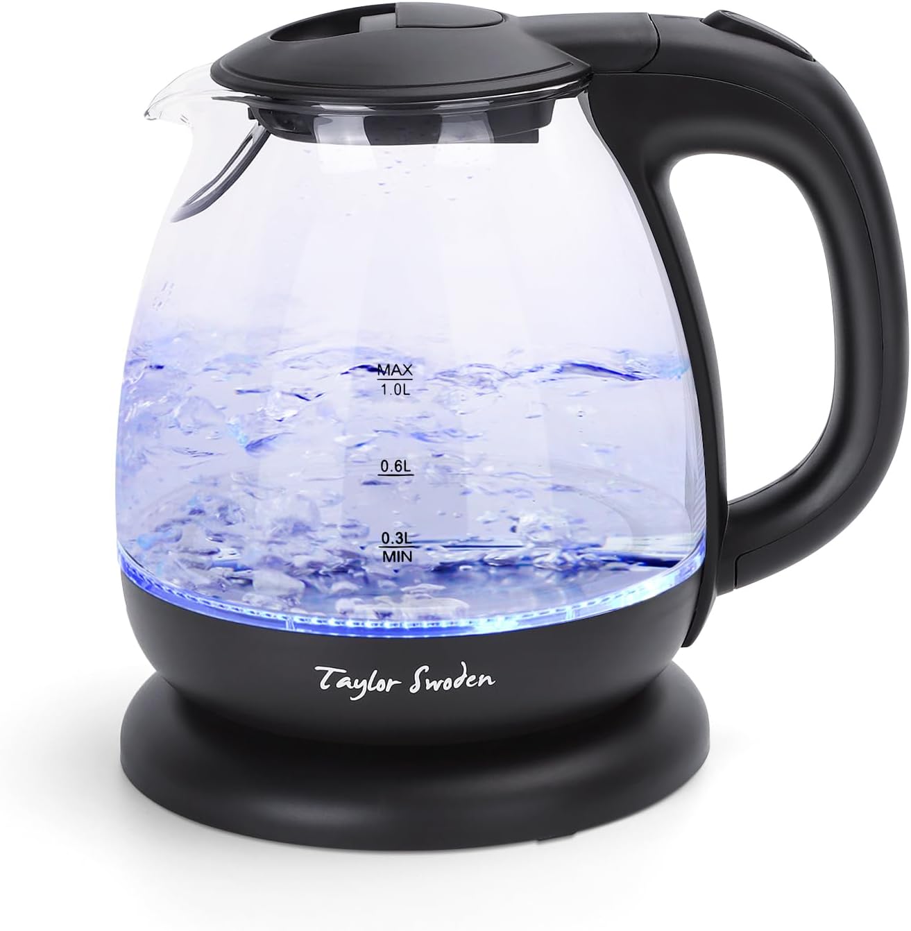 Taylor Swoden Small Glass Kettle Electric, Compact Mini Sized Electric Hot Water Kettle for Tea and Coffee 1L Black