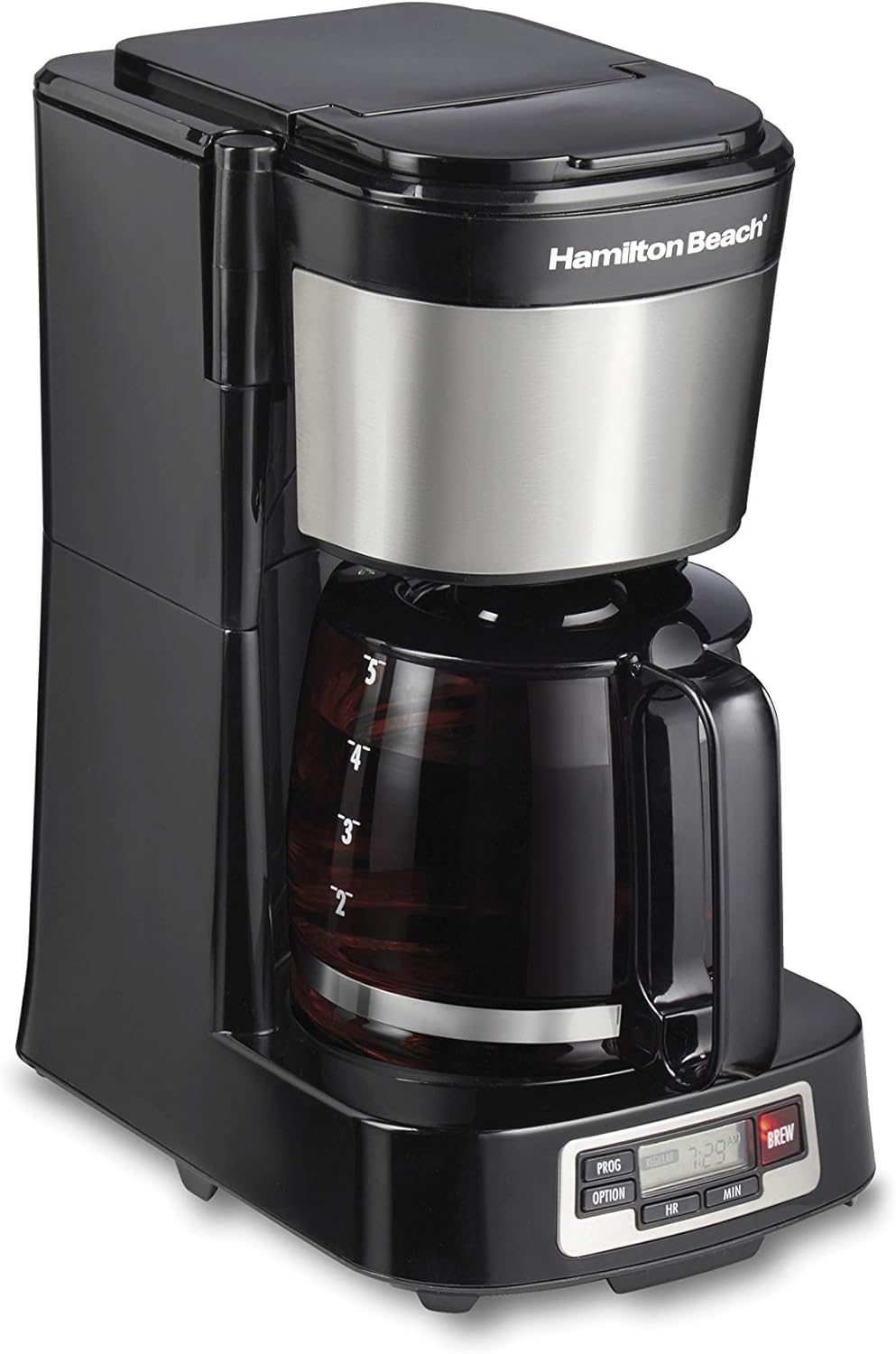 Hamilton Beach 5 Cup Compact Drip Coffee Maker with Programmable Clock, Glass Carafe, Auto Pause and Pour, Black & Stainless Steel (46111)