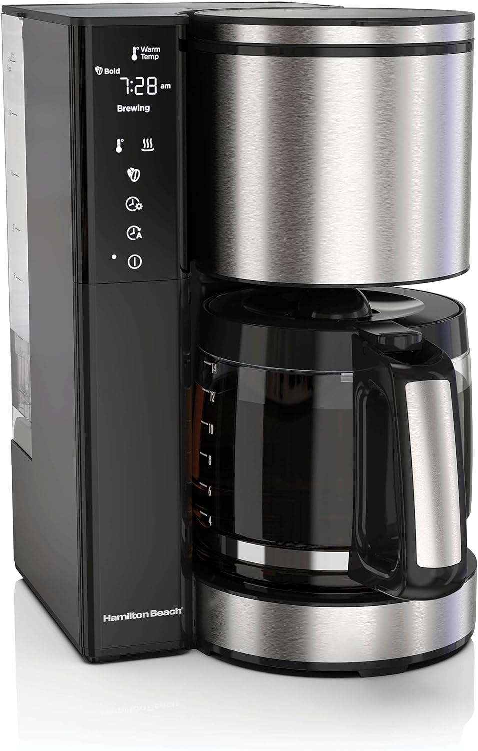 Hamilton Beach 14 Cup Programmable Coffee Maker with Easy Measure Light Up Reusable Filter, Removable 70 Oz. Water Reservoir, Black and Stainless Steel