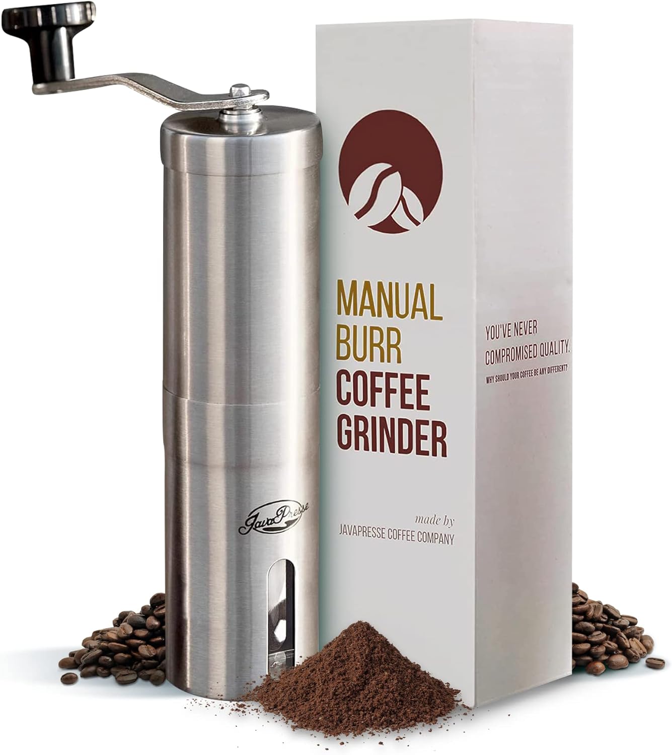 JavaPresse Manual Stainless Steel Coffee Grinder - 18 Adjustable Settings, Portable Conical Burr Grinder for Camping, Travel, Espresso - With Hand Crank