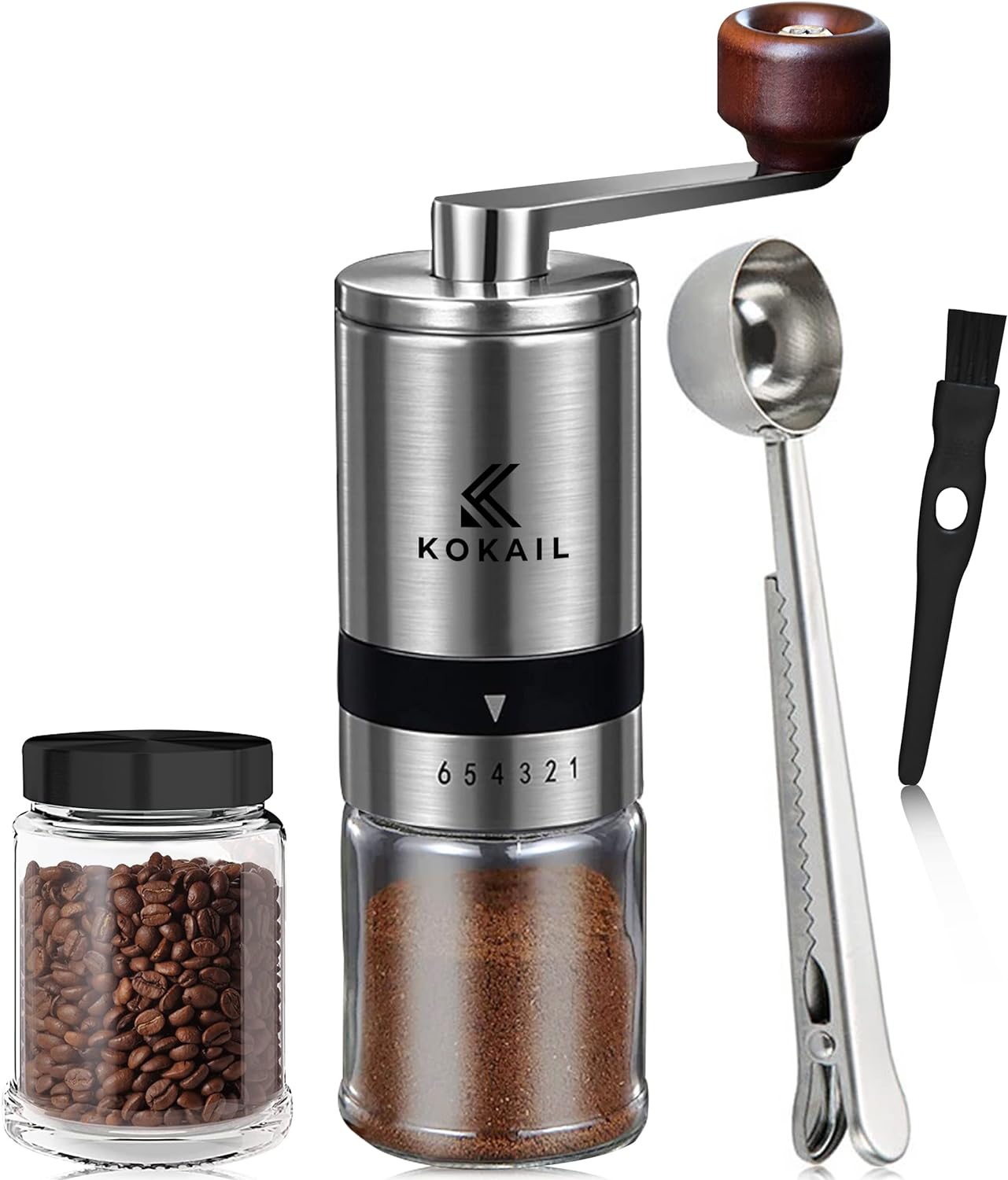 KOKAIL Manual Coffee Grinder | Hand Coffee Grinder with Crank Handle Wood Knob having 6 Adjustable Grind Settings, Includes Extra Glass Jar, Velvet Storage Bag, Spoon & Cleaning Brush