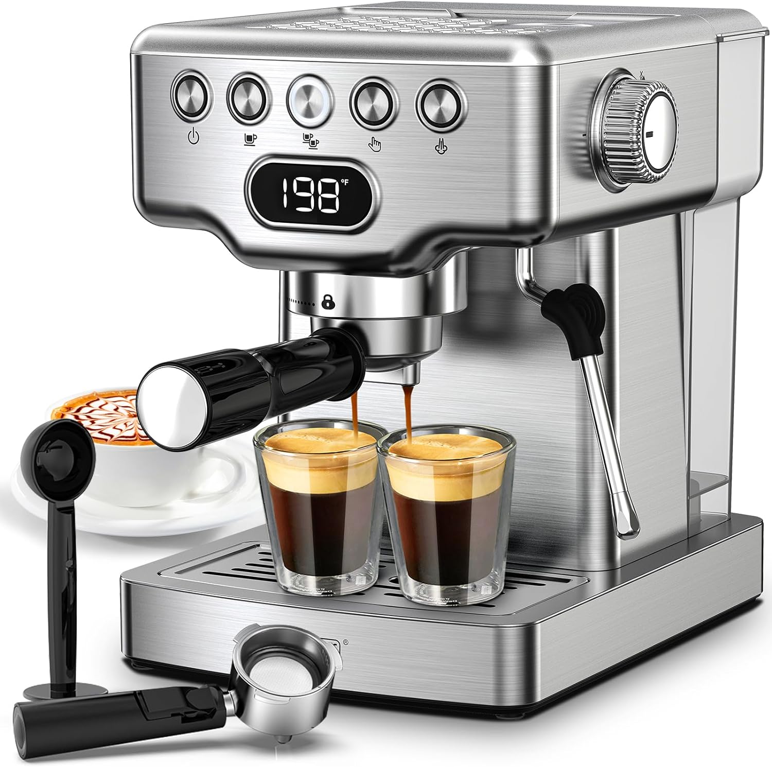 Geek Chef Espresso Machine, 20 Bar Espresso Maker with Milk Frother Steam Wand, Compact Coffee Machine with for Cappuccino,Latte, Fast Heating, Stainless Steel