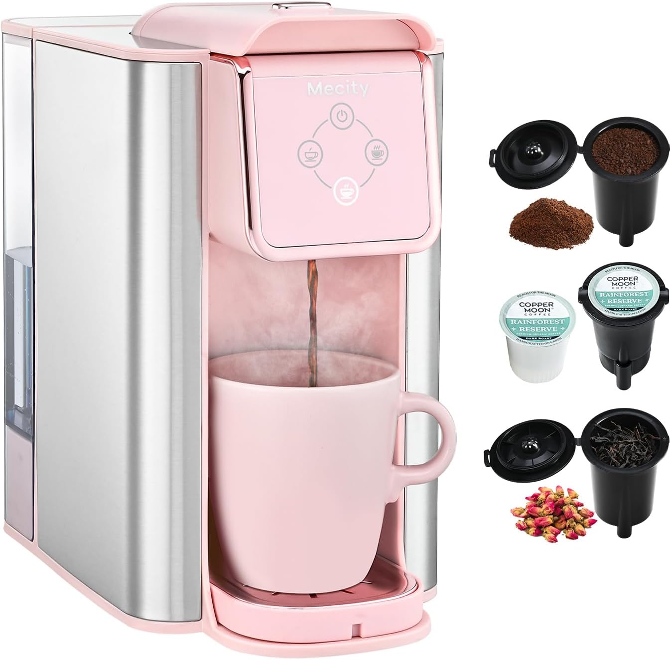 Mecity Pink Coffee Maker 3-in-1 Single Serve Coffee Machine, For Flat Bottom Coffee Capsule, Ground Coffee, 6 to 10 Ounce Cup, Removable 50 Oz Water Reservoir, 120V 1150W