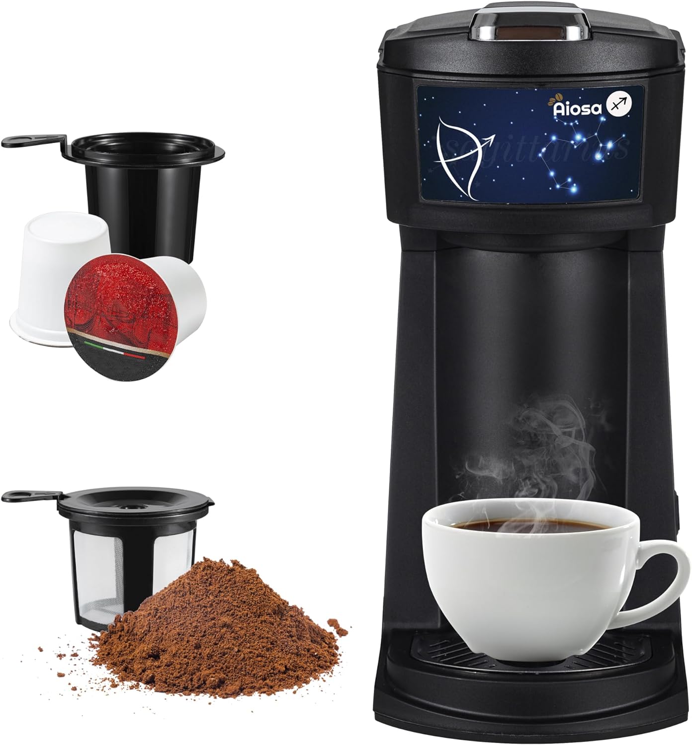 Aiosa Constellation Single Cup Coffee Maker 2 in 1 for K cup Pods&Grounds, Mini k cup Coffee Maker 6 to14oz, Fast Brew One Button Operation, Auto Shut off, Reusable Filter,Sagittarius