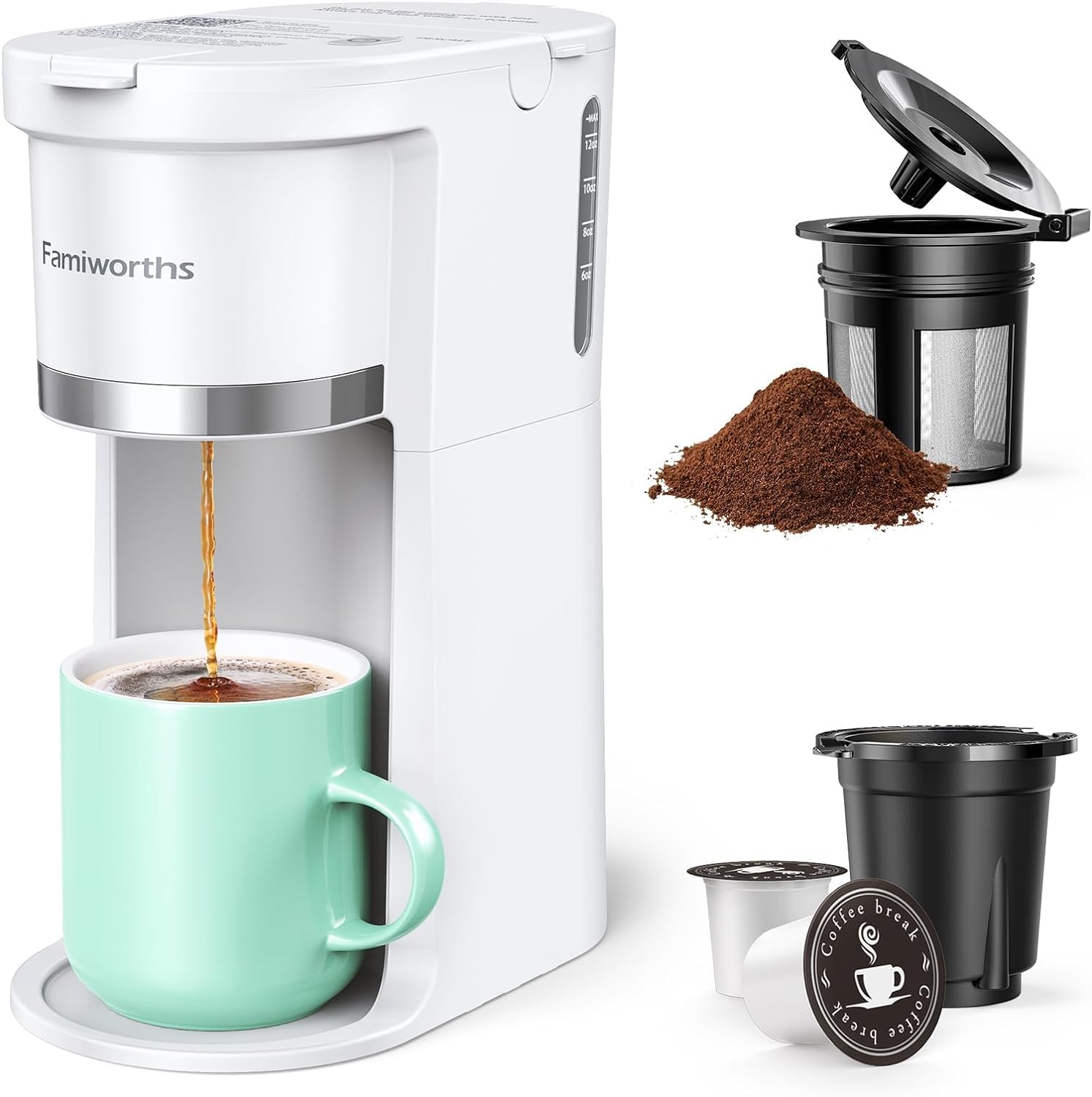 Famiworths Mini Coffee Maker Single Serve, Instant One Cup for K Cup & Ground Coffee, 6 to 12 Oz Brew Sizes, Capsule Coffee Machine with Water Window and Descaling Reminder, White