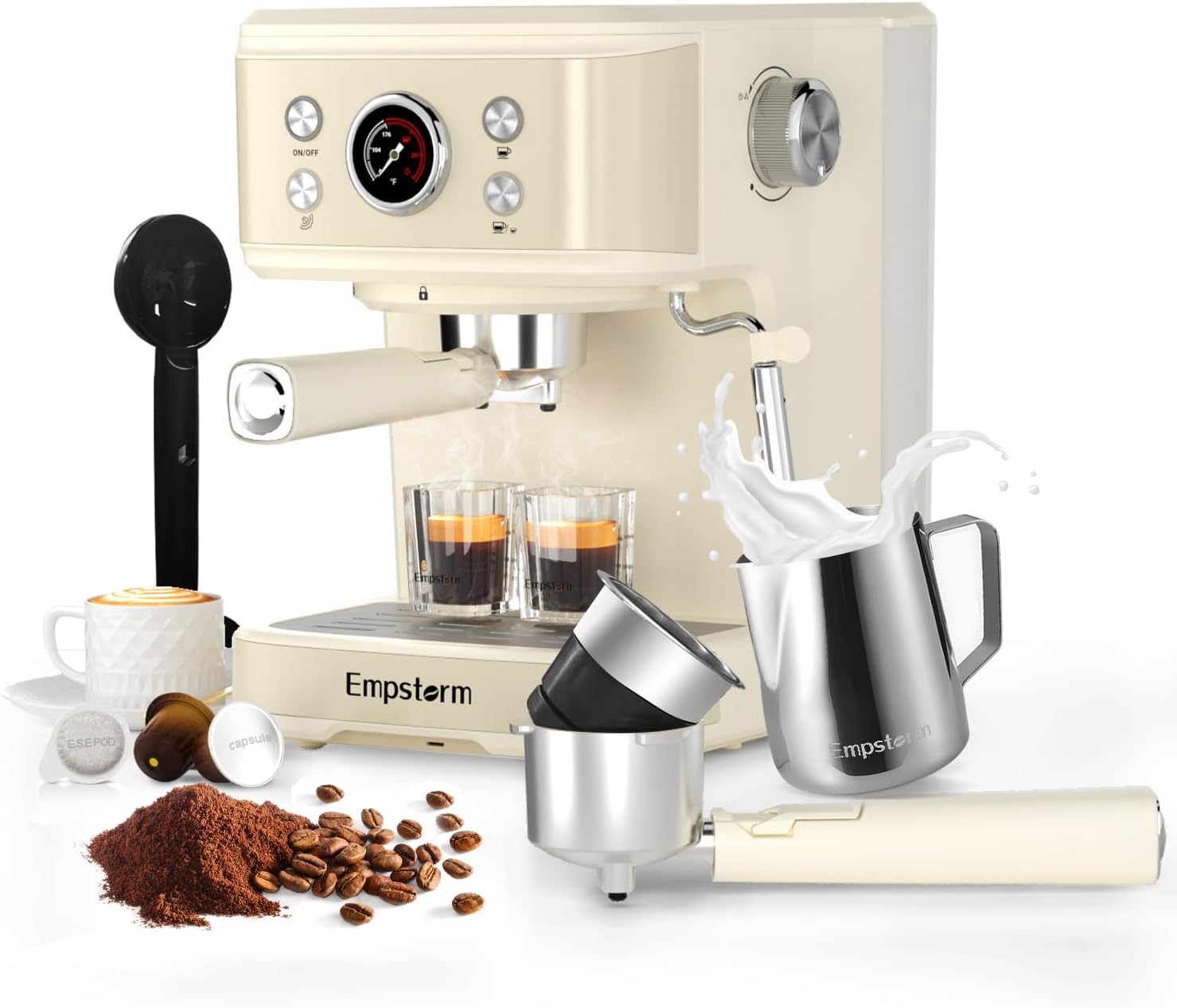 Empstorm Espresso Machine Latte Coffee Makers 20 Bar, 3 IN 1 Professional Cappuccino Machine with E.S.E Pod and Milk Frother Steam Wand Compatible for NS Original Capsules for Home Brewing