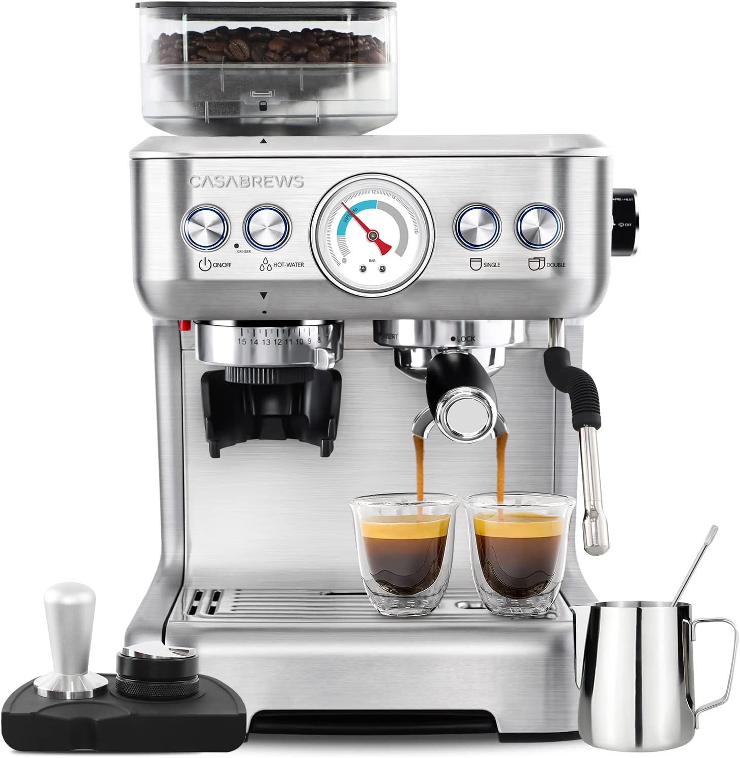 CASABREWS Espresso Machine With Grinder, Professional Espresso Maker With Milk Frother Steam Wand, Barista Latte Machine With Removable Water Tank for Cappuccinos or Macchiatos, Gift for Mom Dad