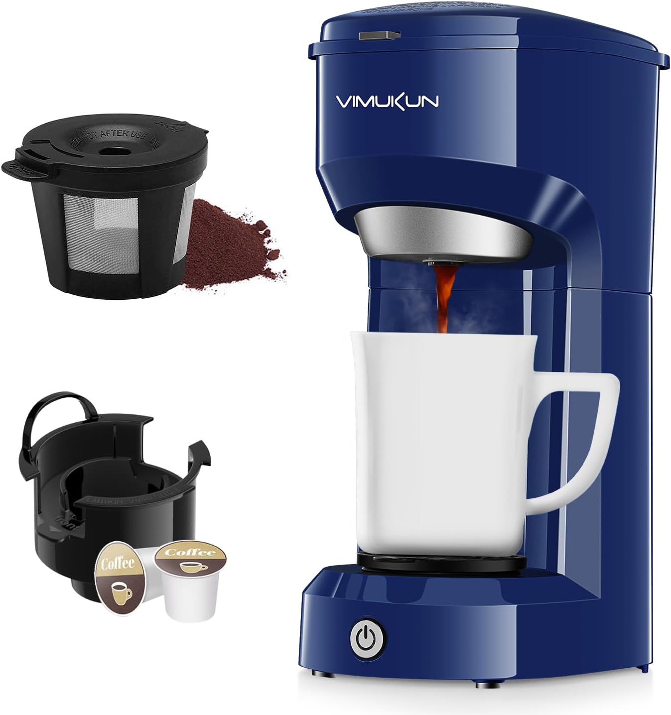 Vimukun Single Serve Coffee Maker, Instant Coffee Maker One Cup Compatible with K-Cup Pods & Ground Coffee, Single Cup Coffee Machine with 6 to 14oz Reservoir, Auto Shut-off, Small Size(Blue)