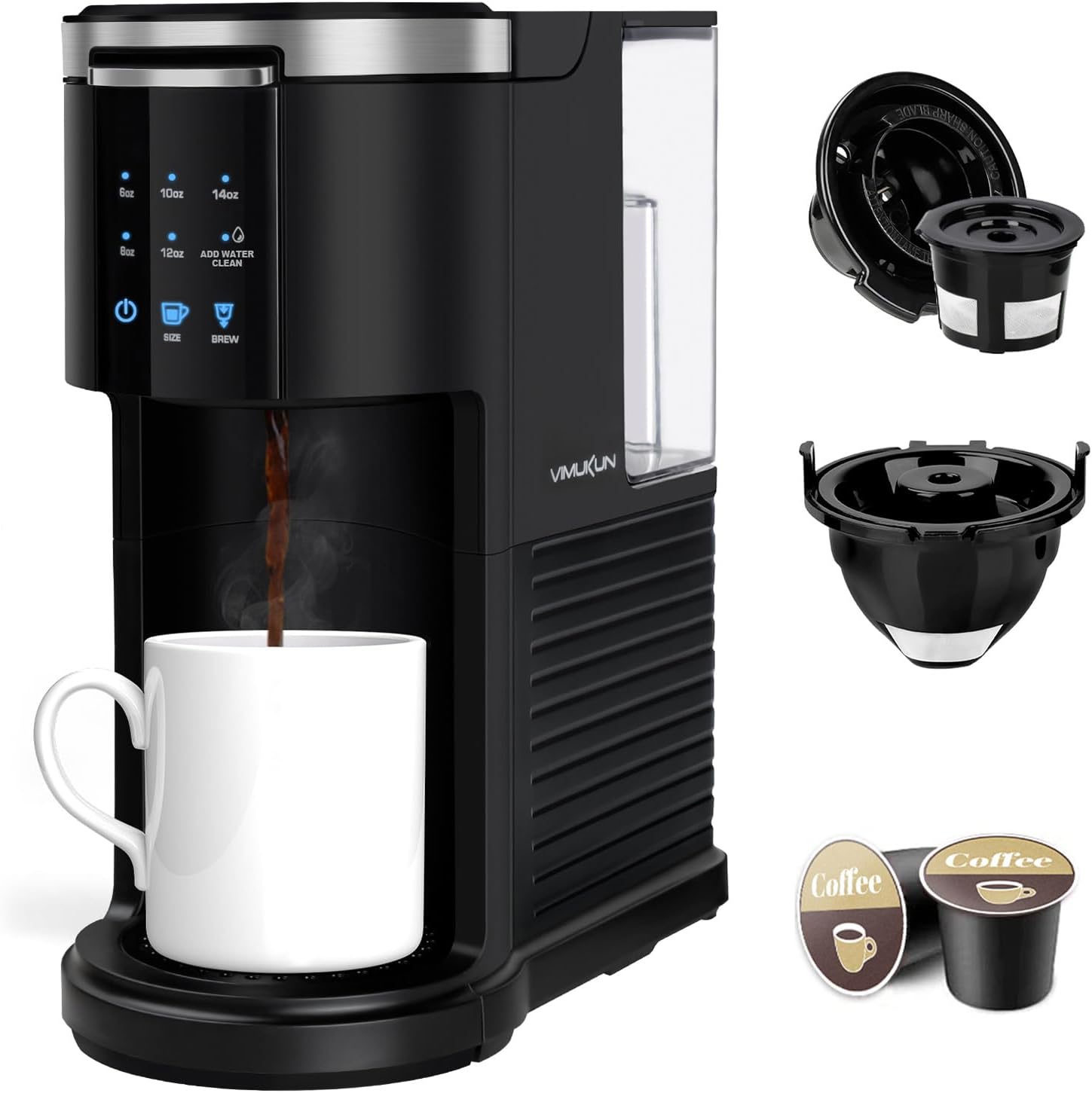 Vimukun Single Serve Coffee Maker for K-Cup Pod and Ground Coffee, 6 to 14 oz Brew Sizes, 40 oz Removable Water Reservoir, Single Cup Coffee Brewer with Self-cleaning Function