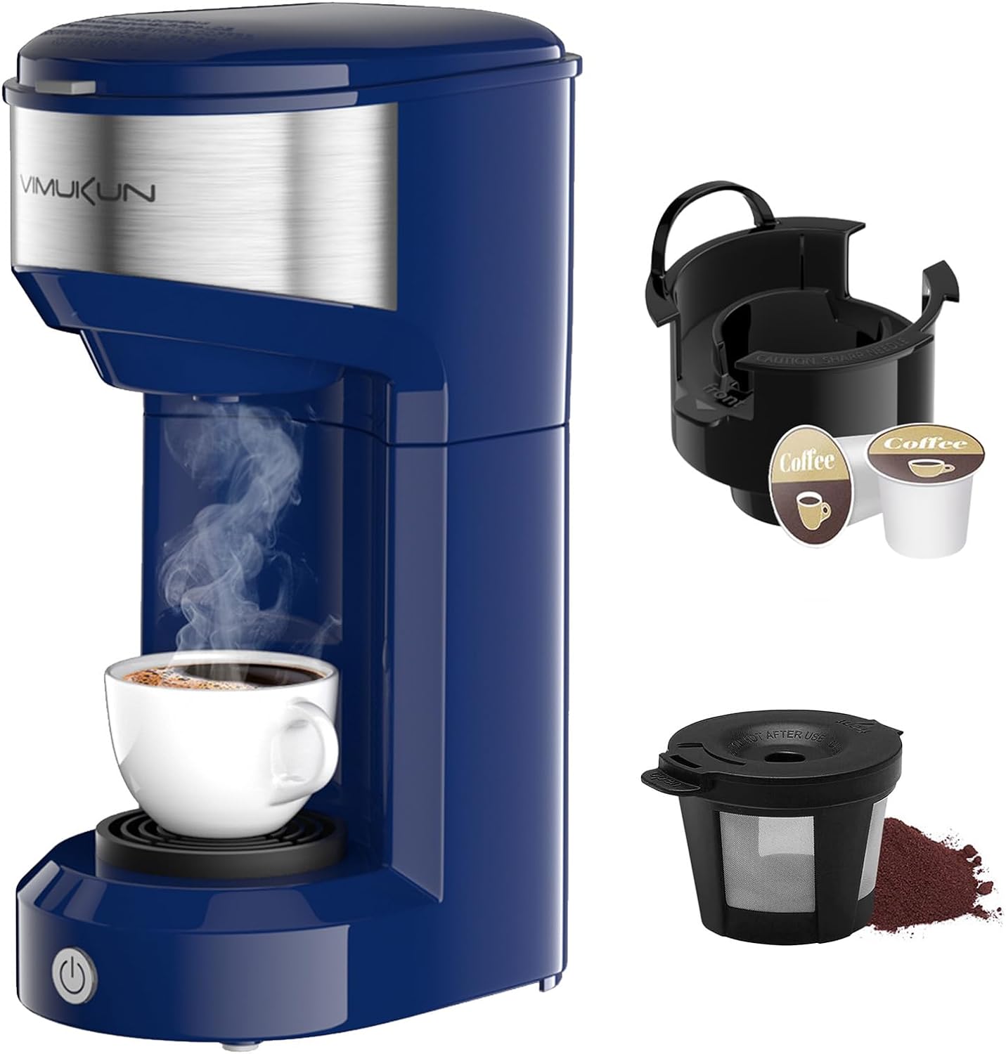 Vimukun Single Serve Coffee Maker, Single Cup Coffee Maker for K-Cup Pods and Ground Coffee, One Cup Coffee Machine with 6 to 14oz Reservoir, Small Size(Blue)