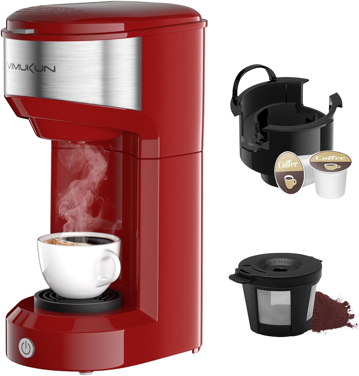 Vimukun Coffee Maker Single Serve, Single Cup Coffee Maker for K-Cup Pods and Ground Coffee, One Cup Coffee Machine with 6 to 14oz Reservoir, Small Size(Red)