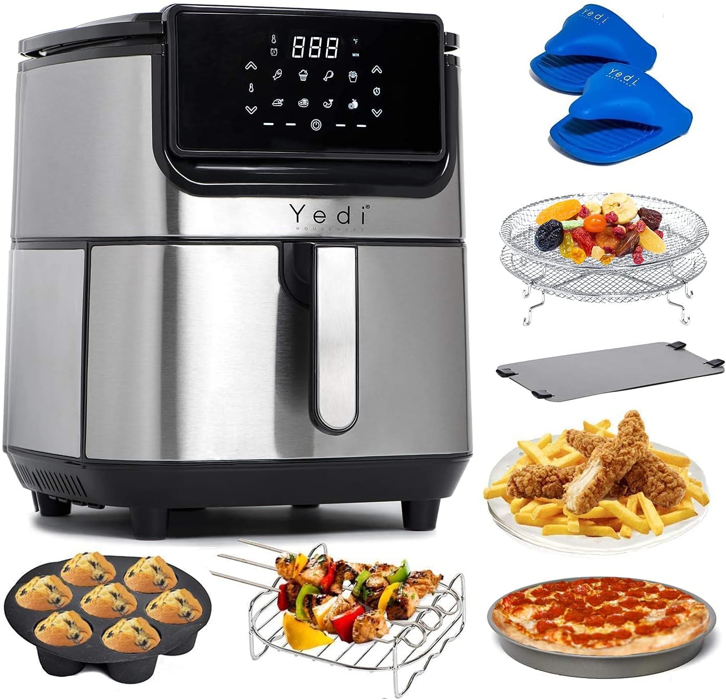 Yedi Evolution Air Fryer, 6.8 Quart, Stainless Steel, Ceramic Cooking Basket, with Deluxe Accessory Kit and Recipe Book