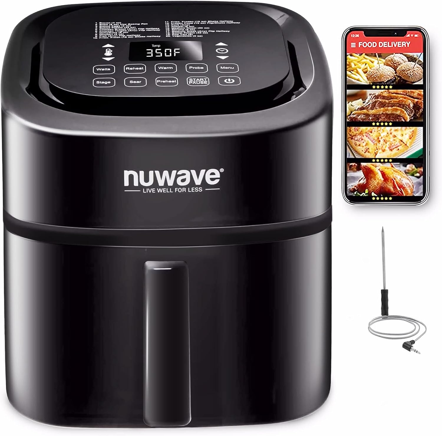 Nuwave Brio 8-Qt Air Fryer, Powerful 1800W, Easy-to-Read Cool White Display, 50-400F Temp Controls, 100 Pre-Programmed Presets & 50 Memory Slots, Integrated Smart Thermometer, Linear T Technology