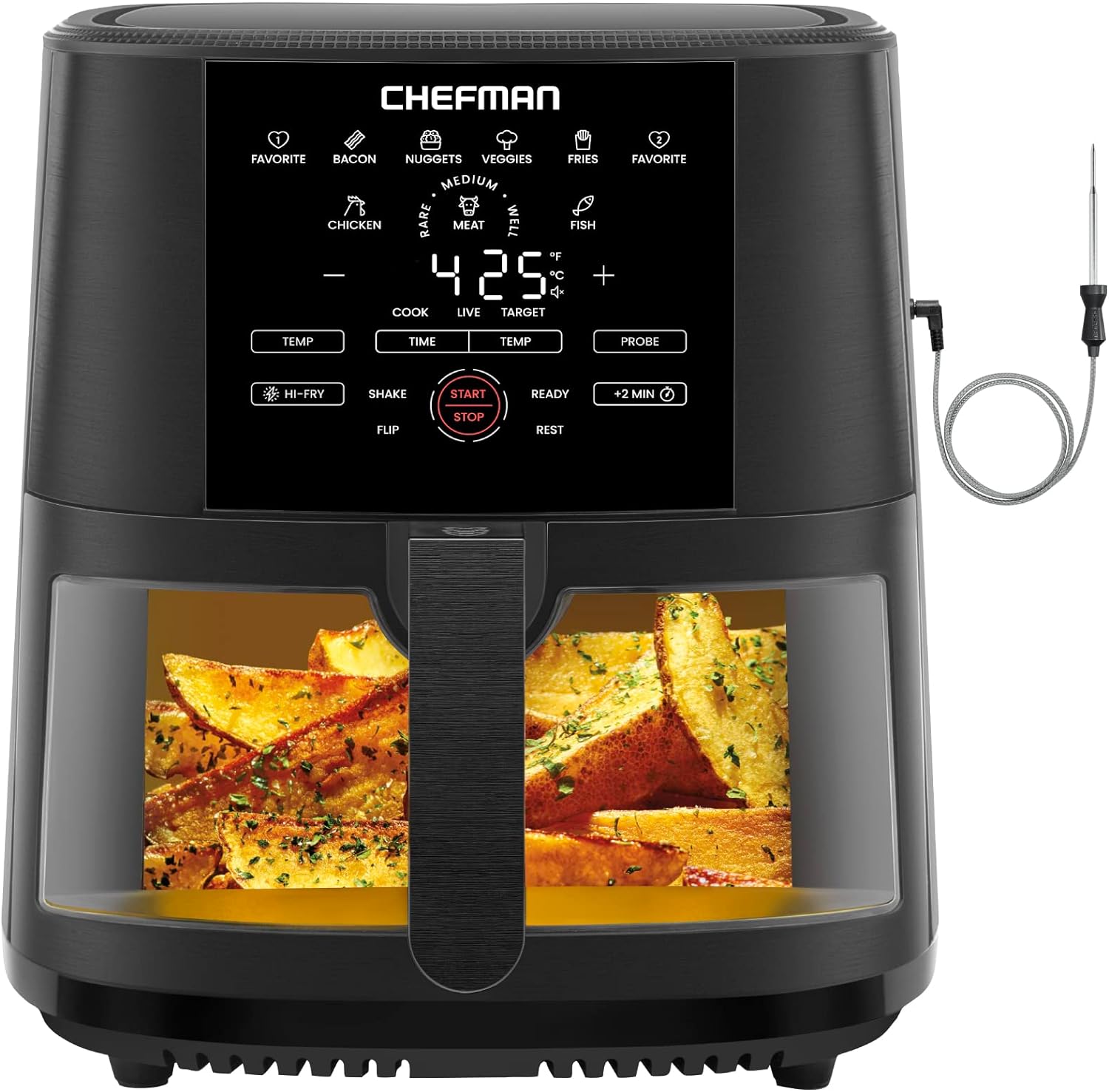 Chefman Air Fryer 8 Qt with Probe Thermometer, 8 Preset Functions, 1-Touch Digital Display Compact Cooker, Extra Large Nonstick Square Air Fryer Basket with Window, Dishwasher-Safe Parts, Black