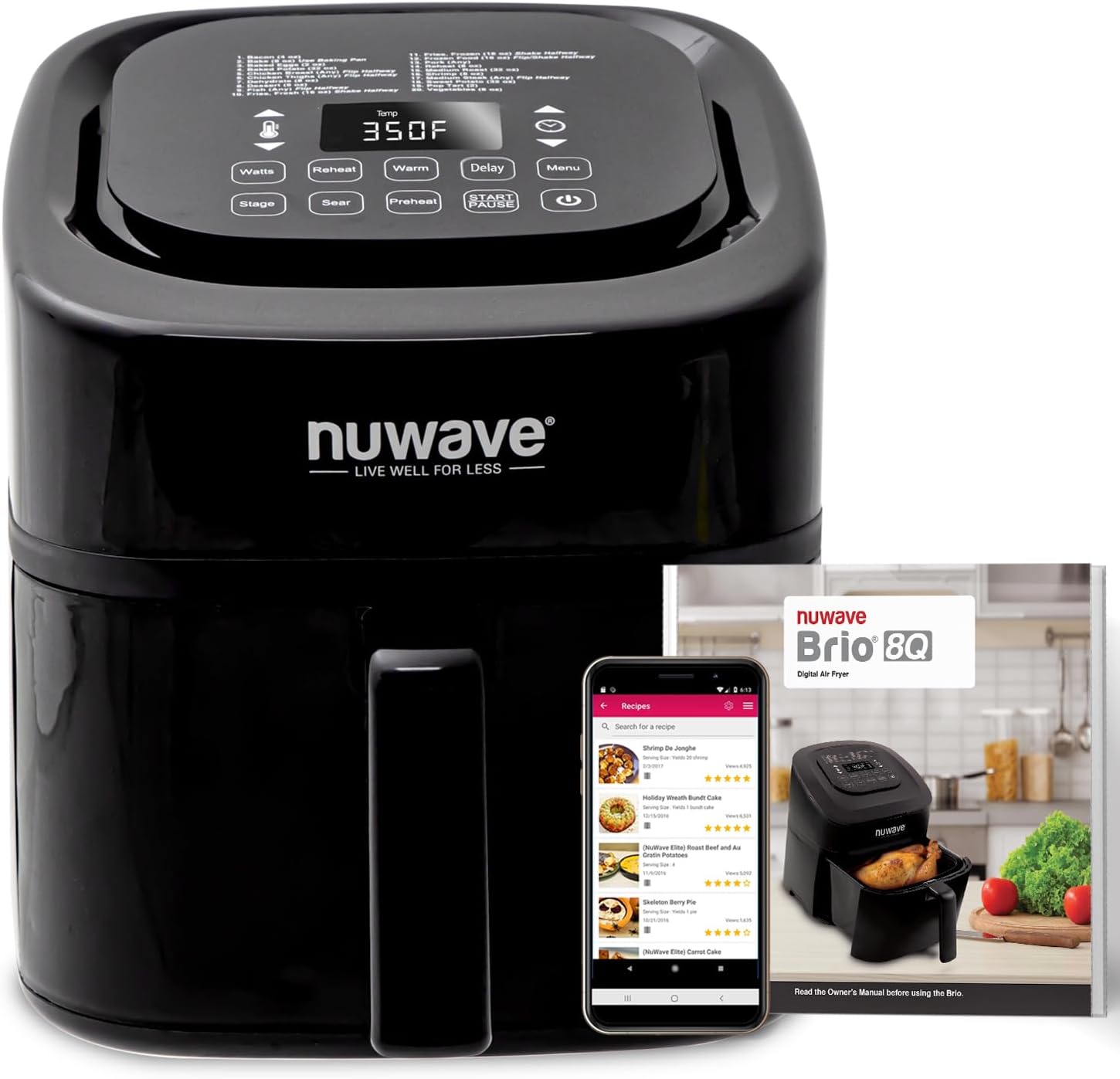 Nuwave Brio Air Fryer, XL 8-Qt Family Size, Powerful 1800W, Quick and Easy, UP to 400, Quiet, 95% Oil less, Mini Pizza Oven, Compact, Dishwasher Safe Parts, Varied Recipes, Linear T Technology