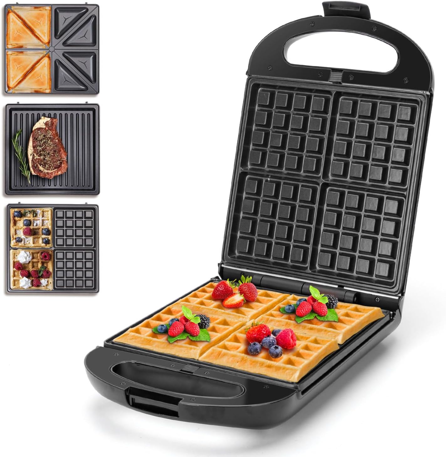 Sandwich Maker 3 in 1, Taylor Swoden 4 Slice Waffle Maker 1200W Panini Press Grill with Non-stick Plates, Double-Sided Heating, Indicator Lights, Cool Touch Handle, Easy to Use & Clean, Black