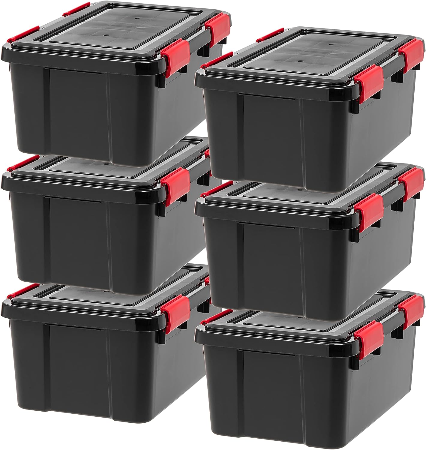 IRIS USA 19 Quart WEATHERPRO Plastic Storage Box with Durable Lid and Seal and Secure Latching Buckles, Weathertight, Black with Red Buckles, 6 Pack