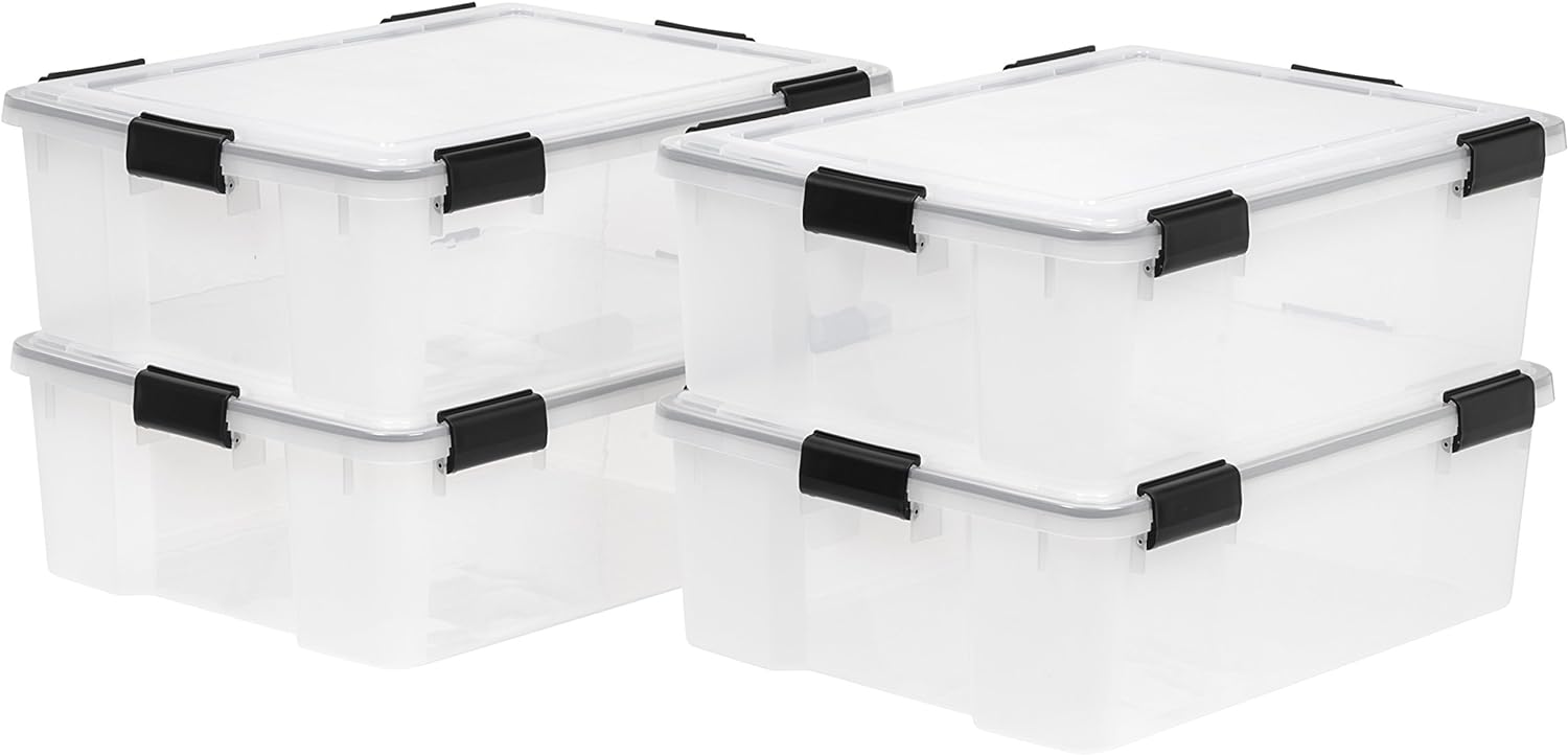 IRIS USA 41 Quart WEATHERPRO Plastic Storage Box with Durable Lid and Seal and Secure Latching Buckles, 4 Pack, Weathertight, Keep Dust and Moisture Out, for Oversized Bulky Items, Clear/Black