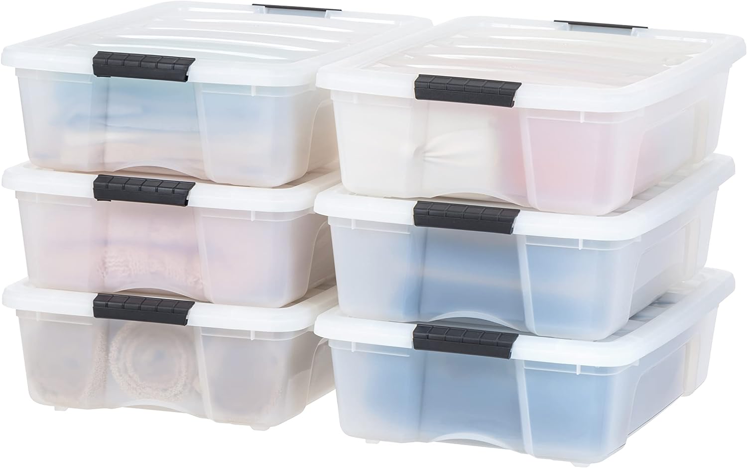 IRIS USA 26.95 Quart Stackable Plastic Storage Bins with Lids and Latching Buckles, 6 Pack - Pearl, Containers with Lids and Latches, Durable Nestable Closet, Garage, Totes, Tubs Boxes Organizing