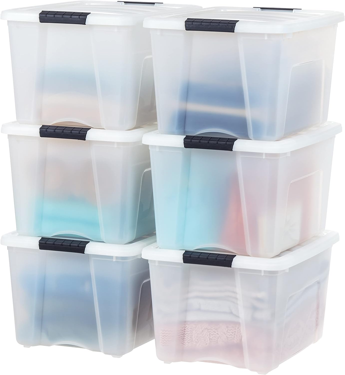 IRIS USA 40 Quart Stackable Plastic Storage Bins with Lids and Latching Buckles, 6 Pack - Pearl, Containers with Lids and Latches, Durable Nestable Closet, Garage, Totes, Tubs Boxes Organizing