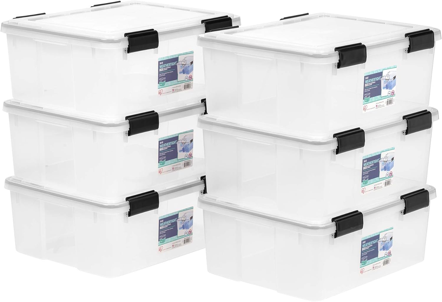 IRIS USA 30.6 Quart WEATHERPRO Plastic Storage Box with Durable Lid and Seal and Secure Latching Buckles, 6 Pack, Weathertight, Keep Dust and Moisture Out, for Oversized Bulky Items, Clear/Black